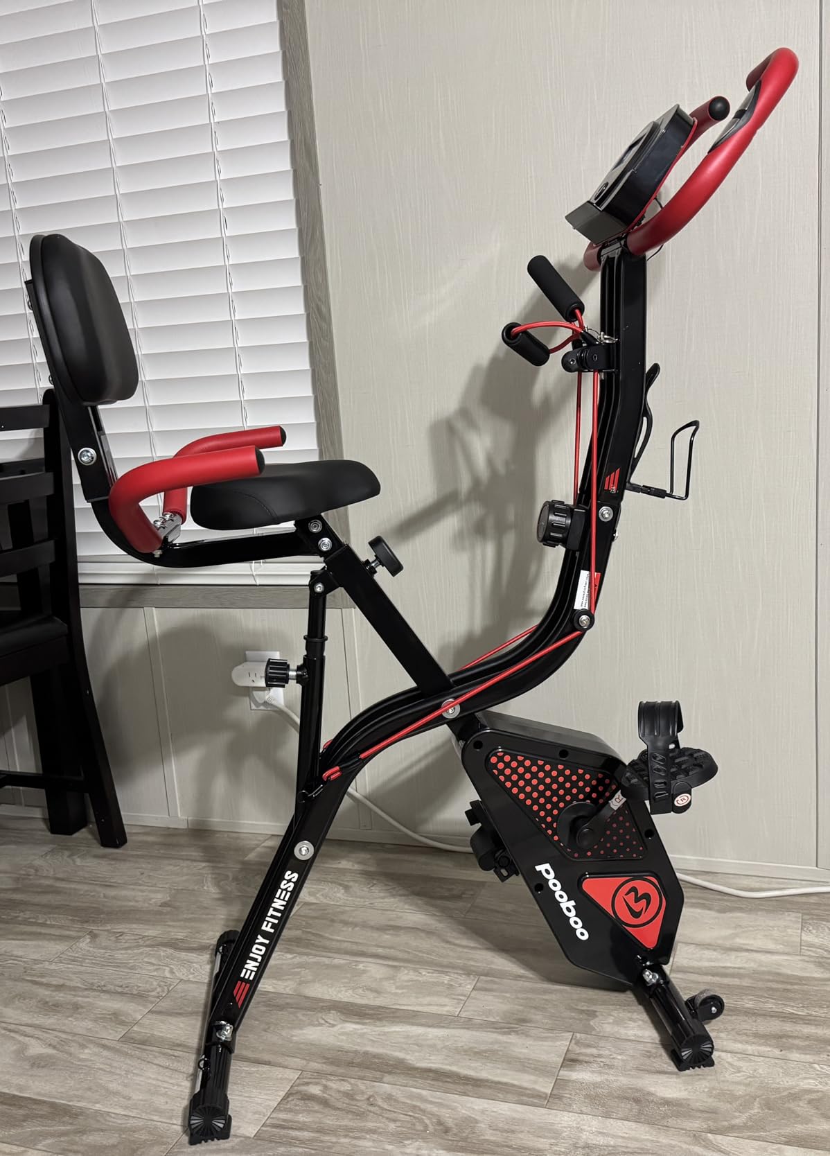 pooboo Folding Exercise Bike, Foldable Upright Stationary Bike, Indoor Cycling Magnetic X-Bike with 8-Level Adjustable Resistance, 6.6 LBS Flywheel, 300LB Capacity, Back Support Cushion for Home Gym customer photo 2