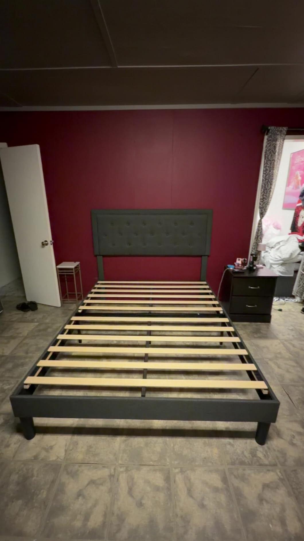 Allewie Queen Size Button Tufted/Fabric Upholstered Bed Frame with Adjustable Headboard/Wood Slat Support/Mattress Foundation/Beige customer photo 1