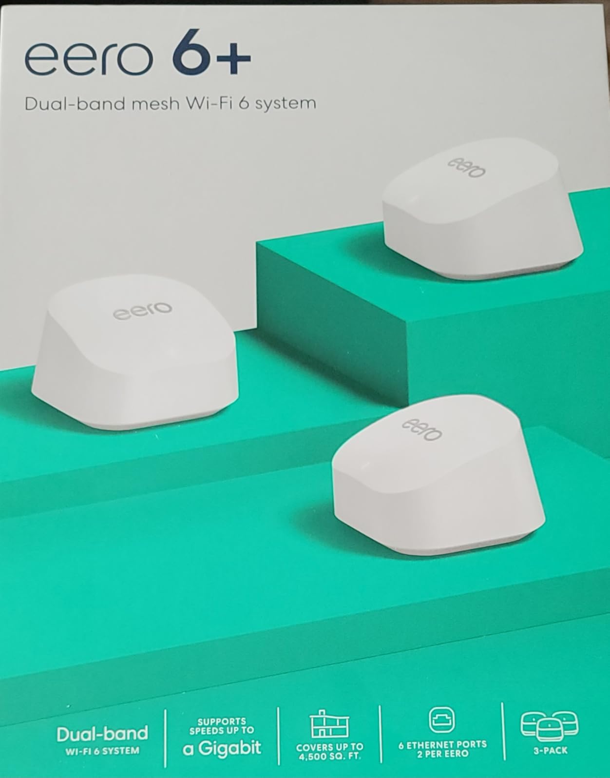 Amazon eero 6+ mesh wifi system - Supports internet plans up to a Gigabit, Coverage up to 4,500 sq. ft., Connect 75+ devices, 3-pack customer photo 1