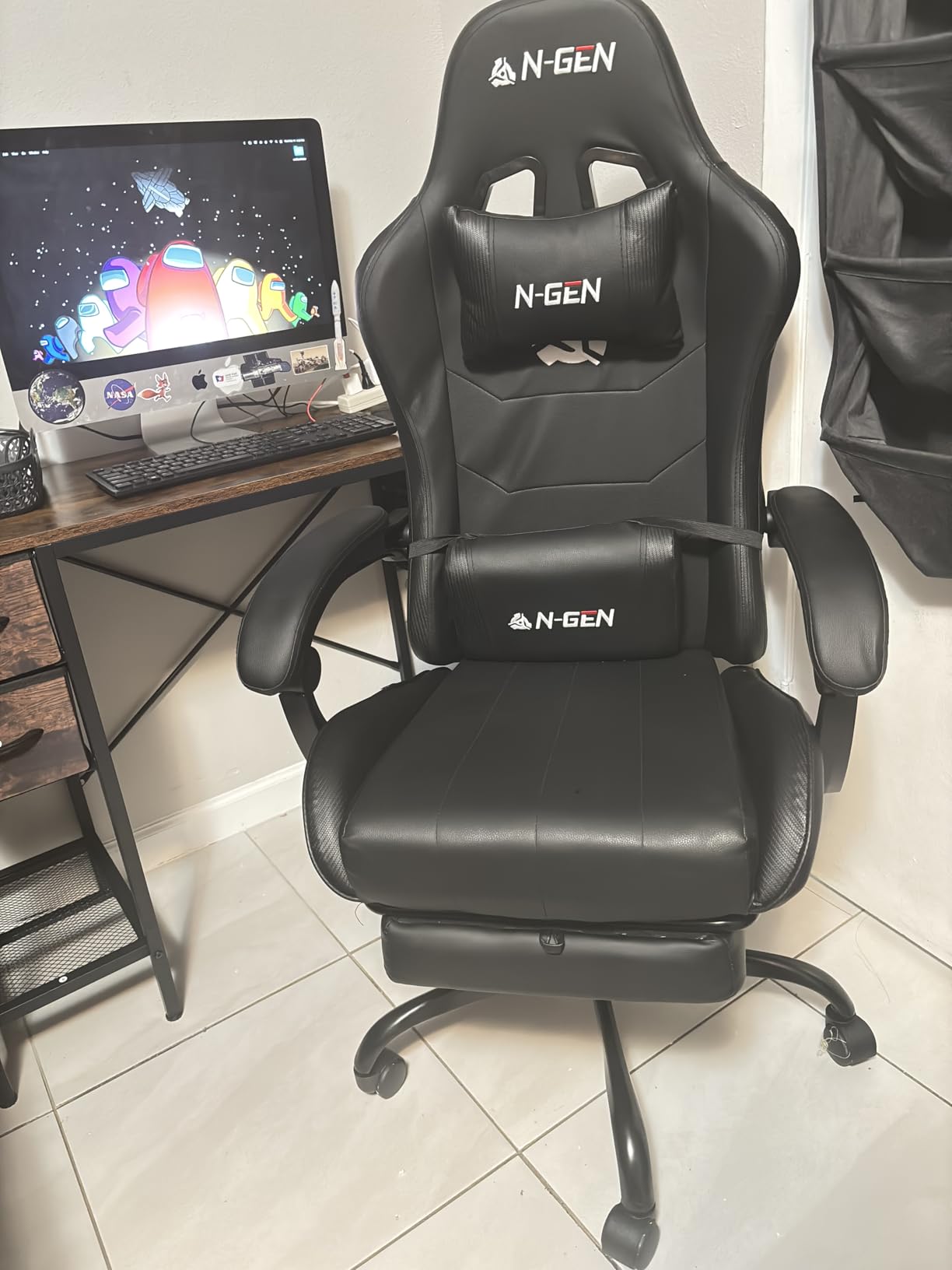 N-GEN GAMING Video Gaming Chair with Footrest Lumbar Support for Home Office High Back Recliner Height Adjustable Ergonomic Comfy Leather Computer Desk Chair (Black) customer photo 2