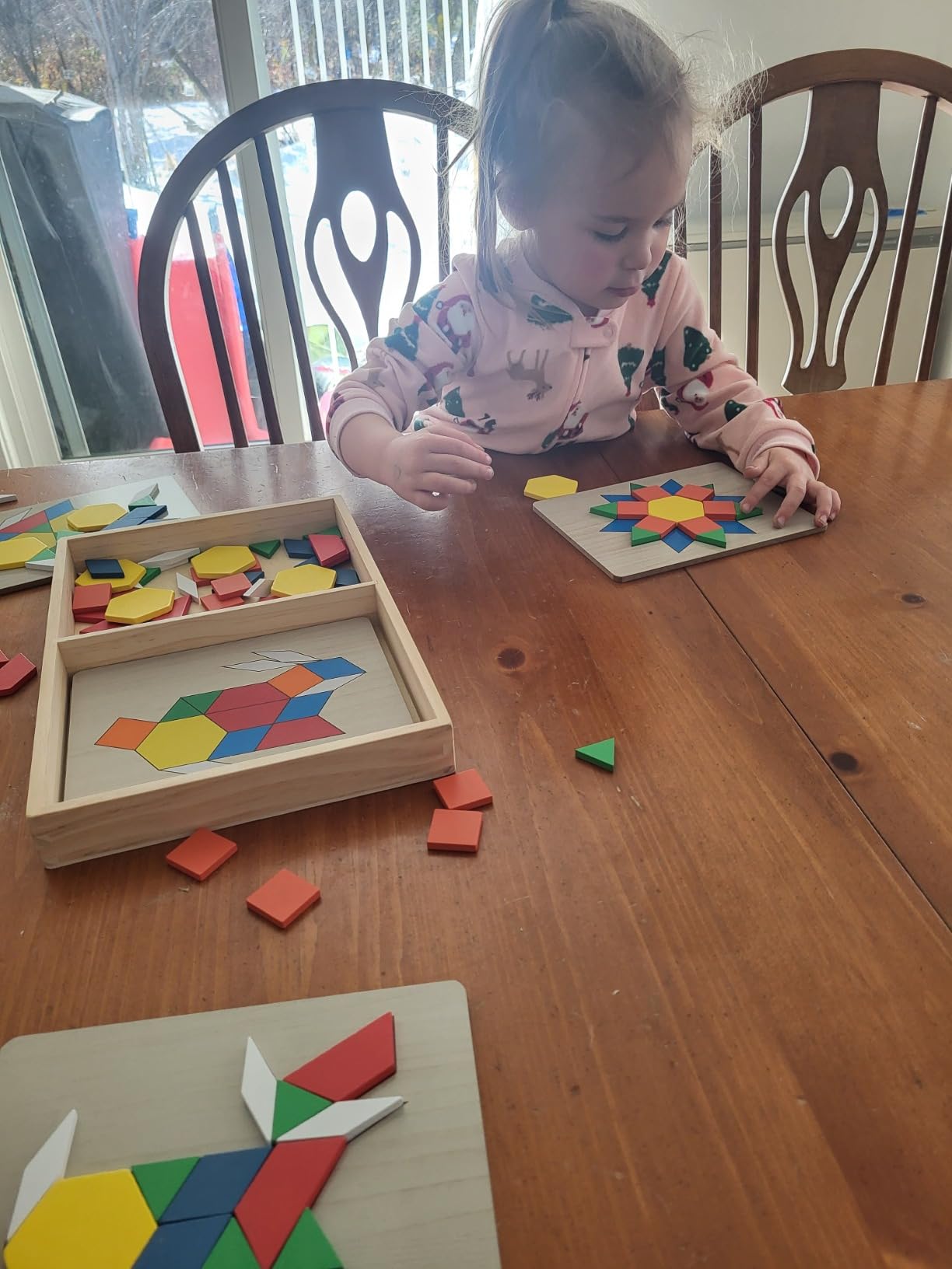 Melissa & Doug Pattern Blocks and Boards with 120 Multi-Colored Wooden Shape Tiles, 5 Double-Sided Puzzle Boards, Tangram Puzzles, Montessori Toys for Girls & Boys customer photo 2