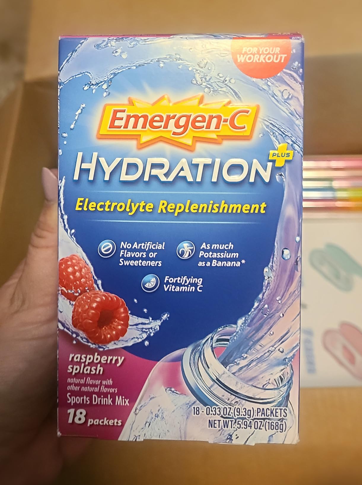 Emergen-C Hydration+ Sports Drink Mix With Vitamin C (18 Count, Raspberry Flavor), Electrolyte Replenishment, 0.33 Ounce Powder Packets customer photo 1