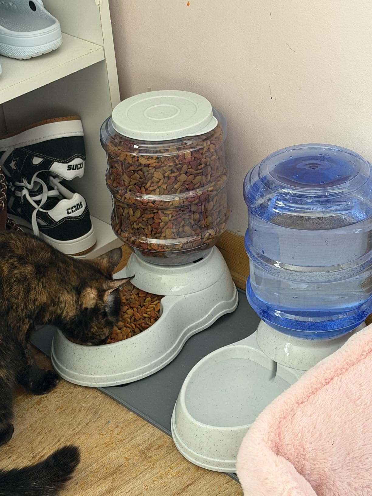 Amazon Basics Automatic Pet Water Dispenser and Gravity Food Feeder Set for Cat and Dog, Easy to Clean, 6-Pound Food Capacity, 1-Gallon, Small, Gray, Pack of 2 customer photo 2