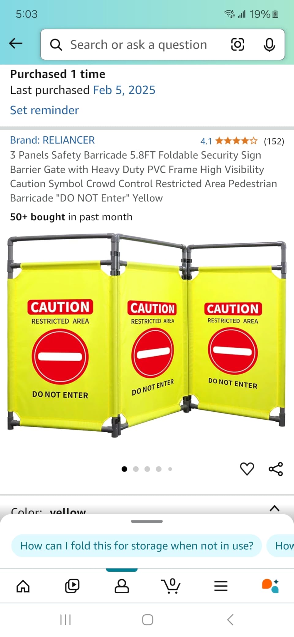 3 Panels Safety Barricade 5.8FT Foldable Security Sign Barrier Gate with Heavy Duty PVC Frame High Visibility Caution Symbol Crowd Control Restricted Area Pedestrian Barricade DO NOT Enter Yellow customer photo 1