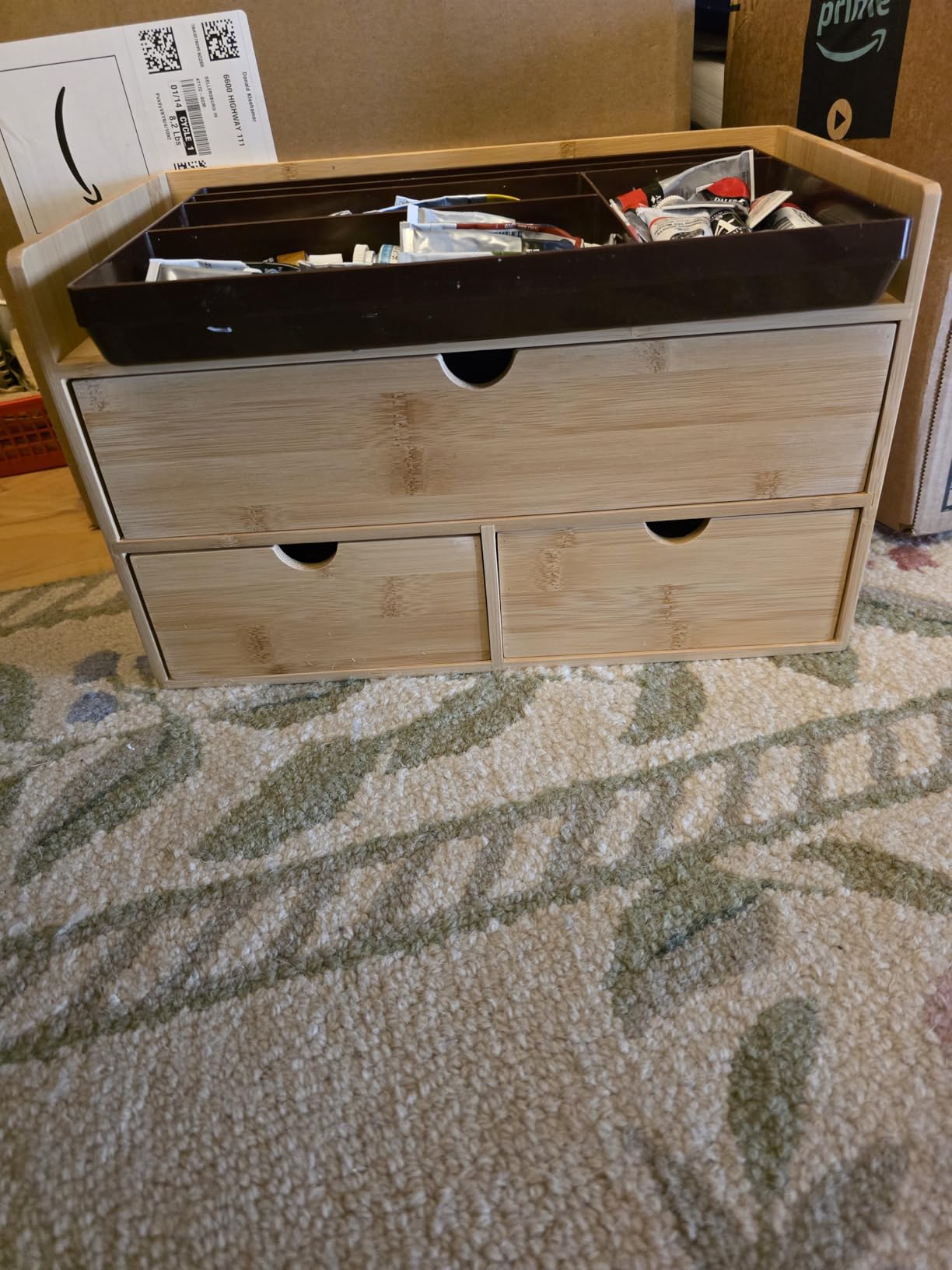 Wisuce Bamboo Desk Organizer, Mini Desktop Drawer Tabletop Storage Organization Box for Office Home Toiletries Supplies Vanity, No Assembly Required (3 Drawer with Shelf) customer photo 2