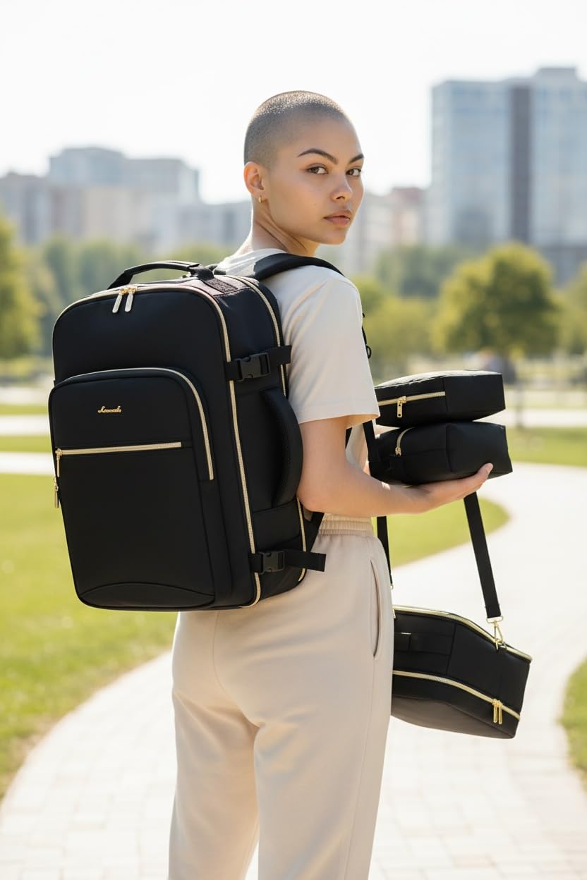 LOVEVOOK Travel Backpack for Women & Men 40L,Airline Approved Carry On Backpack Travel Essentials,TSA Carry on Luggage,Waterproof Personal Item Travel Bag,Suitcase with 3 Packing Cubes,Light gray-Pink customer photo 2