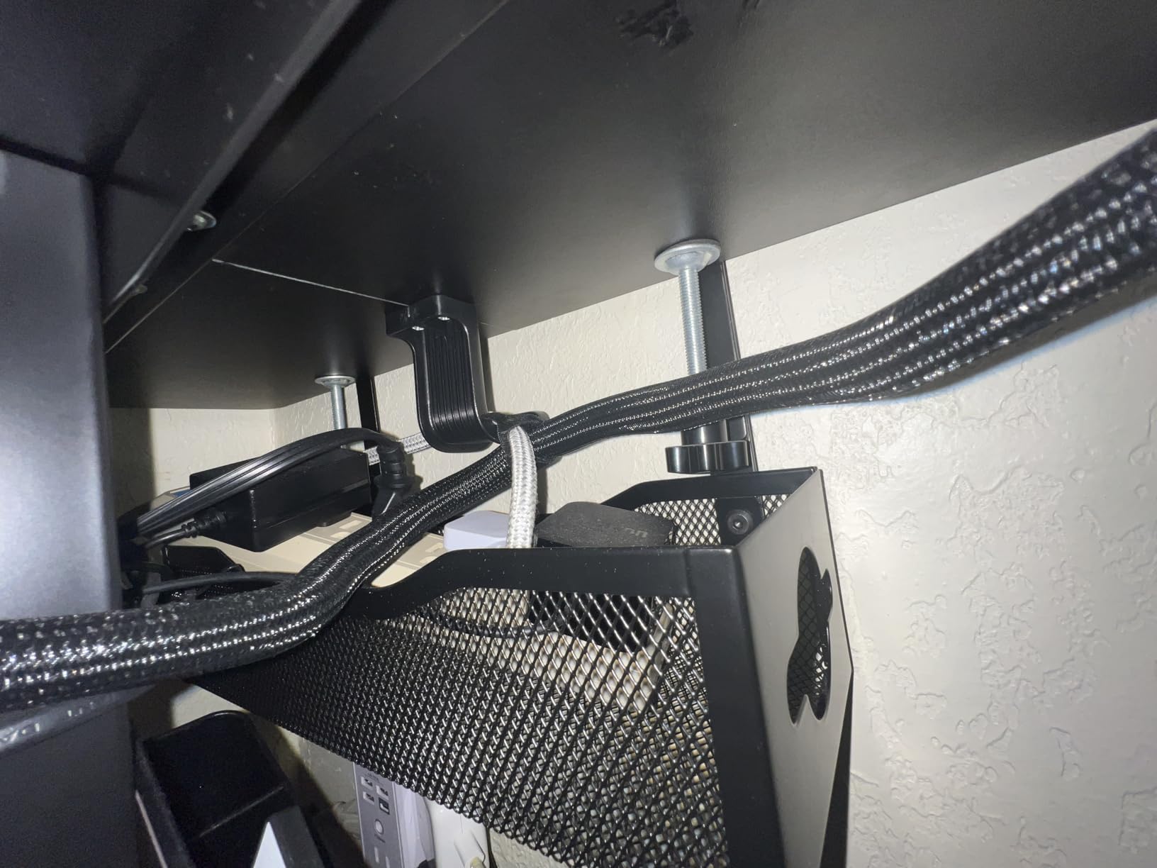 Under Desk Cable Management Tray No Drill, Metal Mesh Cable Management Under Desk with Clamp Mount, 2 Hole Cable Tray with Wire Management and Cord Organizer for Home Office Standing Desk customer photo 1