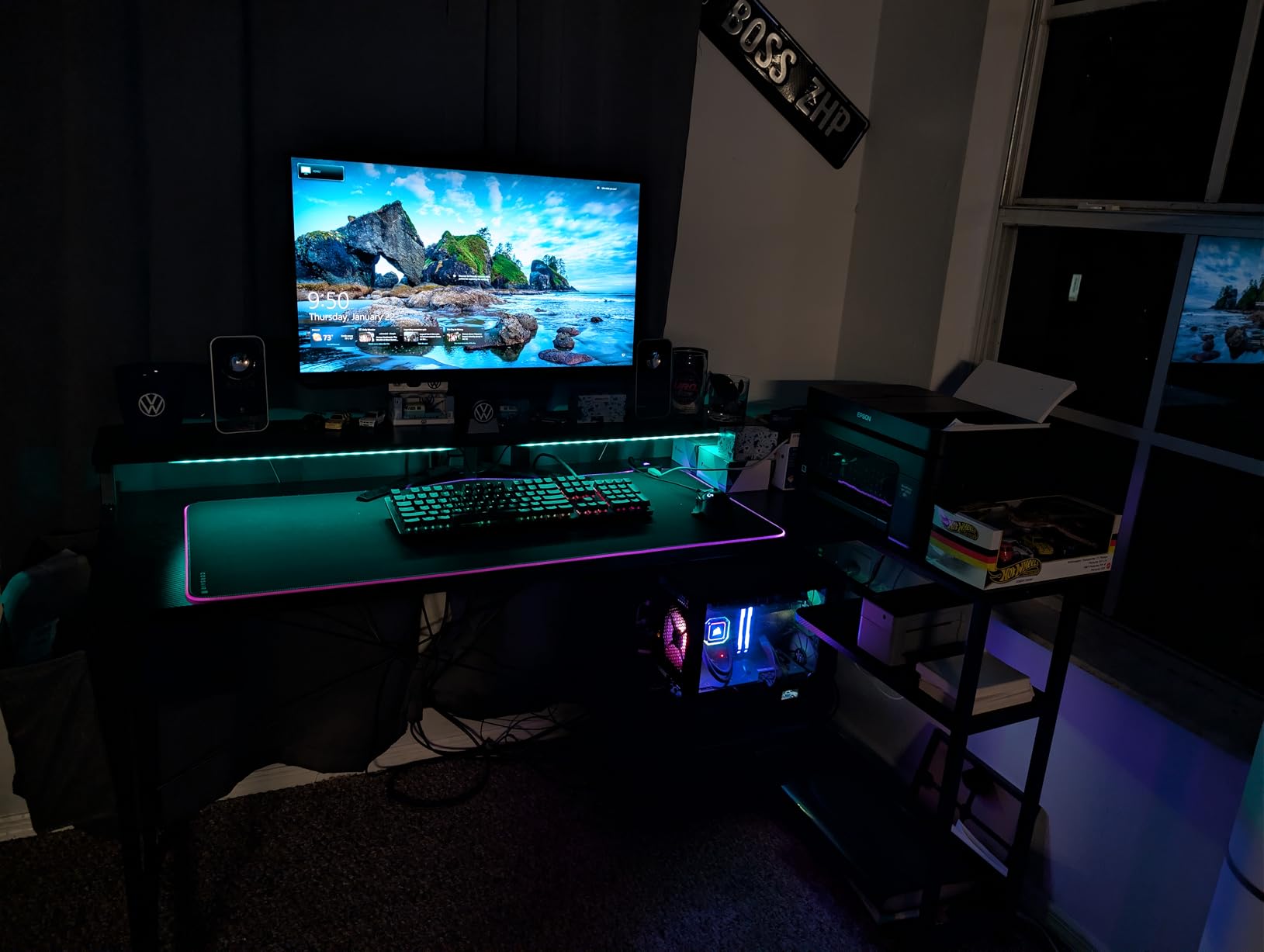 ODK 48 Inch Gaming Desk with USB Charging Ports and LED Lights, Reversible L Shaped Computer Desk with Storage Shelves & Monitor Stand, Corner Gamer Desk Table with Power Outlets, Black customer photo 2