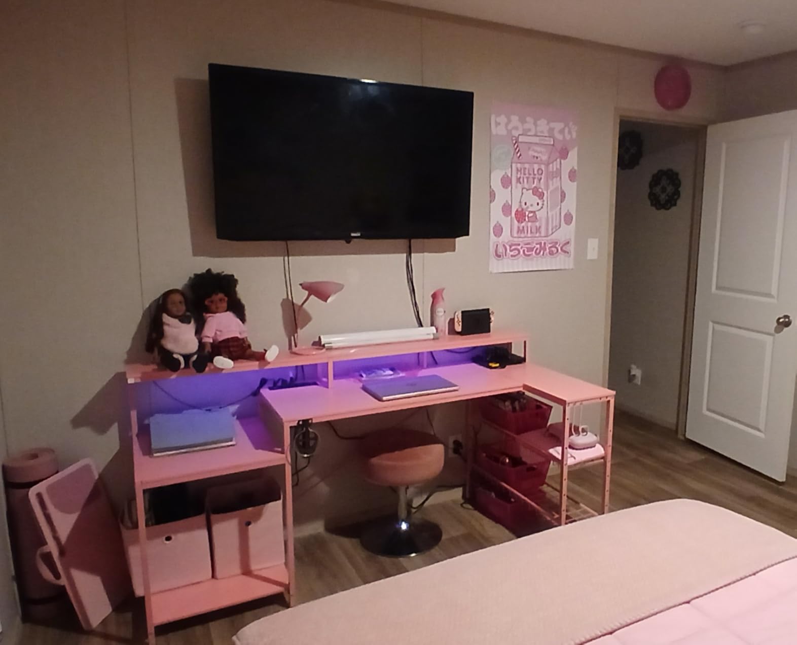 Bestier LED Gaming Desk with Power Outlets, 71 inch L Shaped Computer Desk with Monitor Stand, Large Desk with Printer Stand Adjustable Shelf, Cup Holder & Hooks, Home Office Desk Black customer photo 2