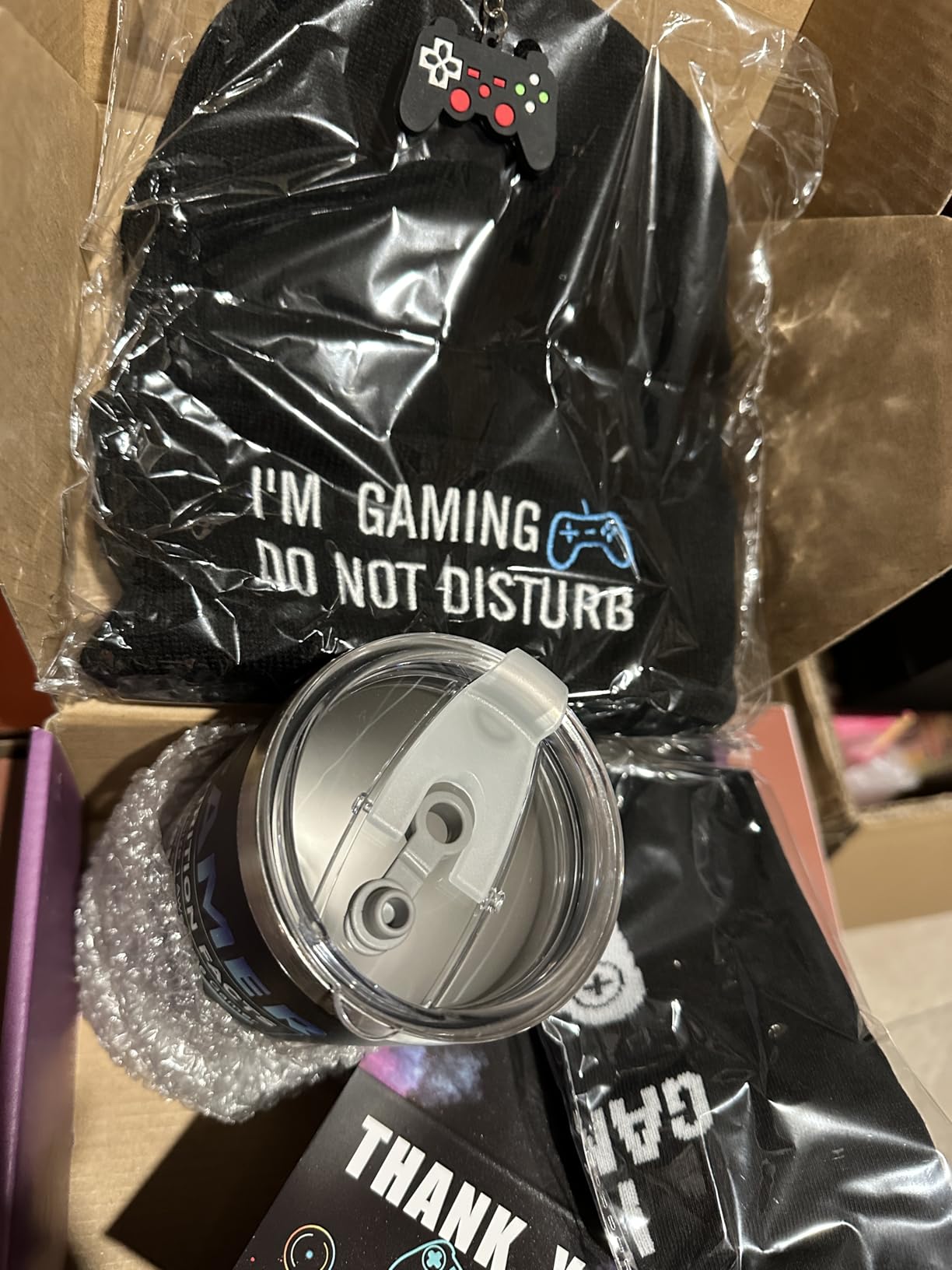 Gamer Gifts, 8PCS Cool Gaming Gift Bulk Set Includes Tumbler Straw Beanie Socks Key Chain Thanks Card Gift Box, Christmas Gifts for Teen Boys Men customer photo 1