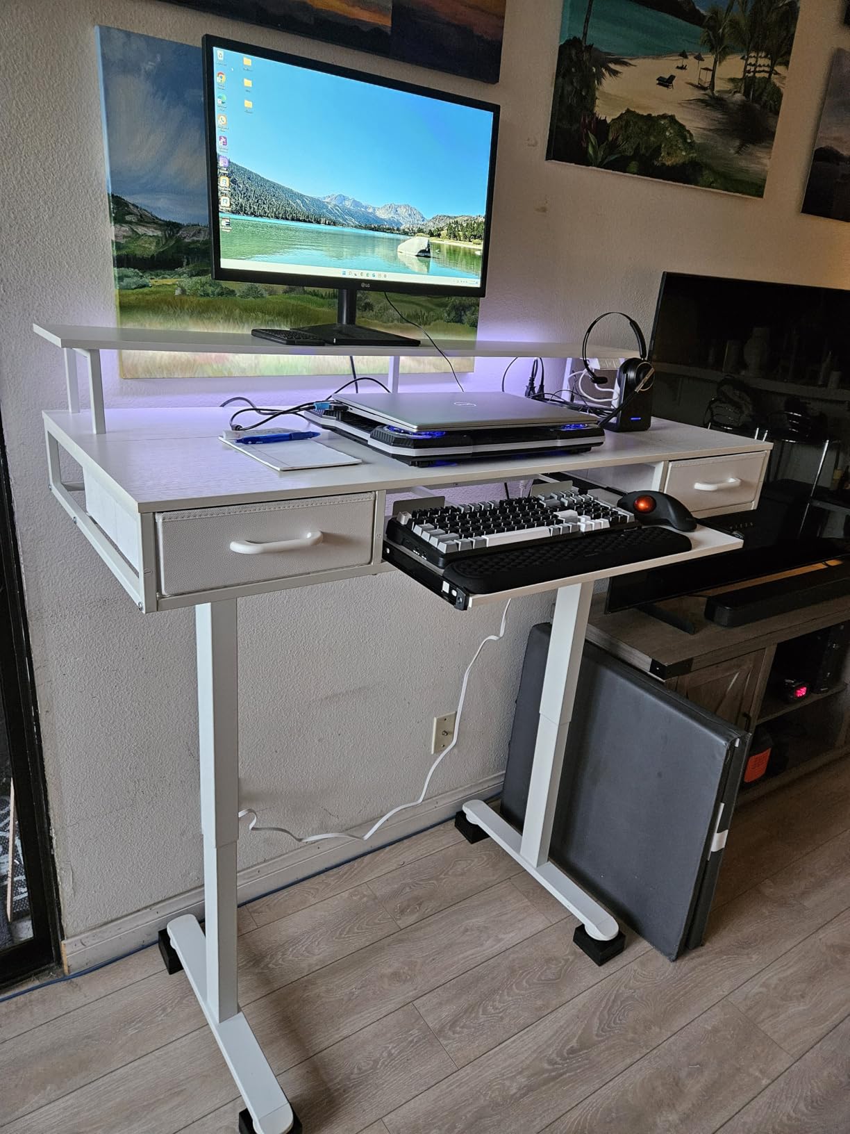 AODK Electric Standing Desk with Drawers & Keyboard Tray, 55 Inch Height Adjustable Gaming Desk with Power Outlets & LED Lights, Sit Stand Table with Monitor Stand for Home, Office, Rustic Brown customer photo 1