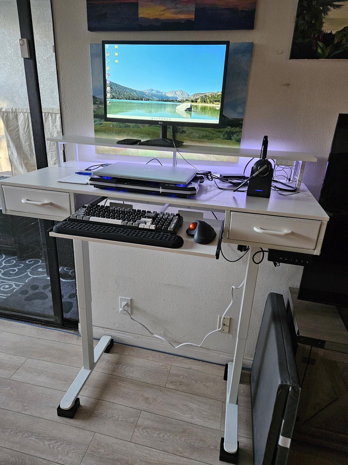 AODK Electric Standing Desk with Drawers & Keyboard Tray, 55 Inch Height Adjustable Gaming Desk with Power Outlets & LED Lights, Sit Stand Table with Monitor Stand for Home, Office, Rustic Brown customer photo 2