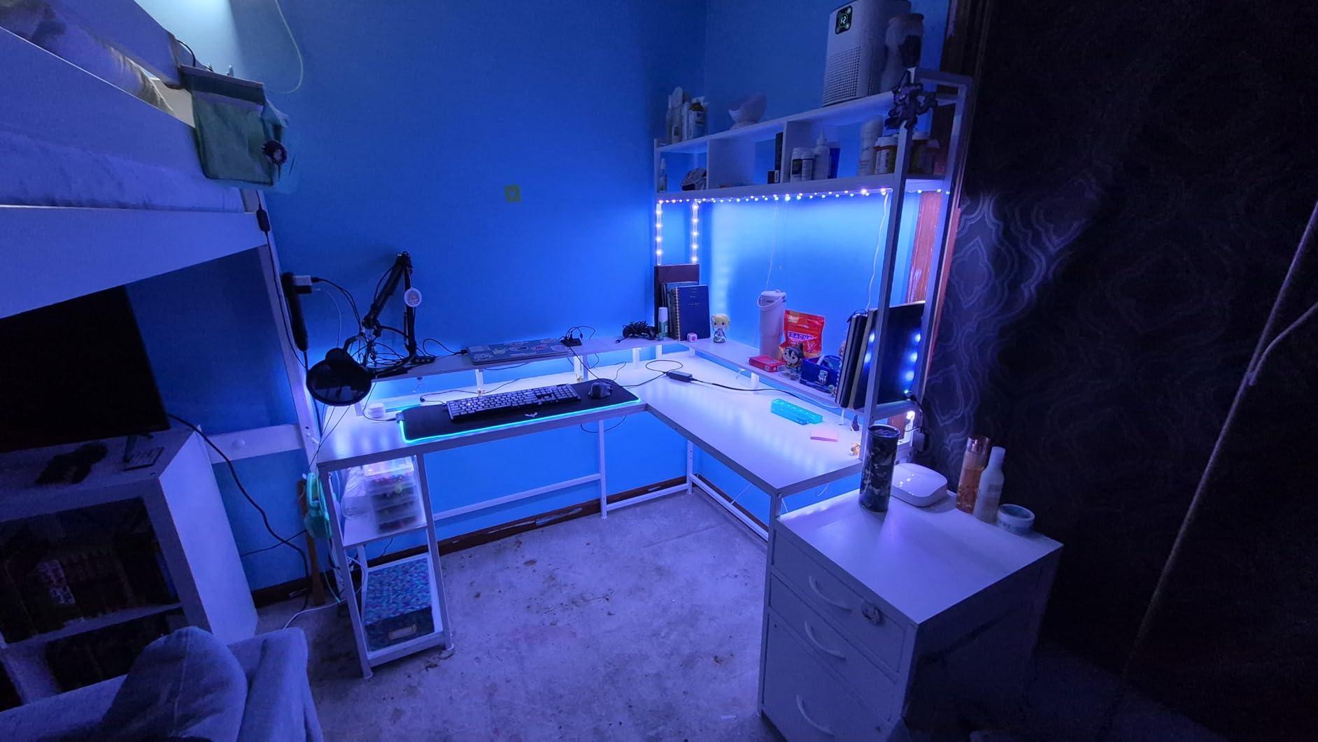 EnHomee 64 x 60 Inches L Shaped Desk with Hutch and Drawers, Gaming Desk with Power Outlet & Monitor Stand & LED Lights, Computer Corner Desk, Two Person Office Desk for Living, Gaming Room, Black customer photo 2