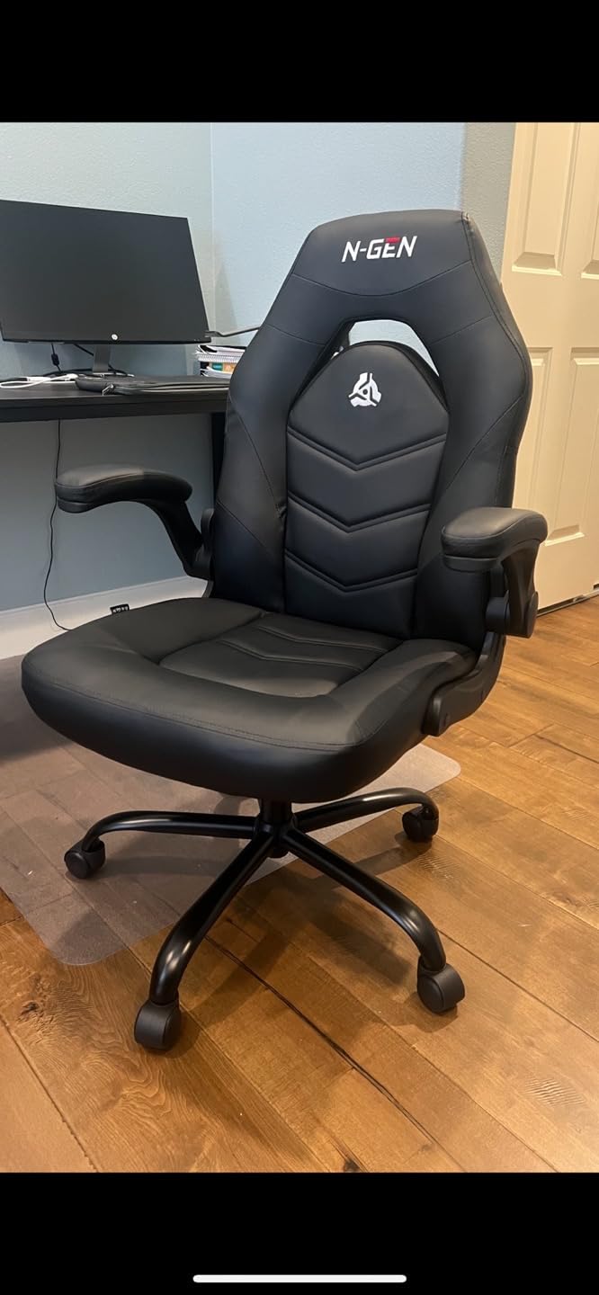 N-GEN GAMING Video Gaming Chair Ergonomic Office Desk Chair with Lumbar Support Adjustable Height Padded Flip Up Arms and Swivel Wheels Racing Style Design for Adults with PU Leather (Black) customer photo 1