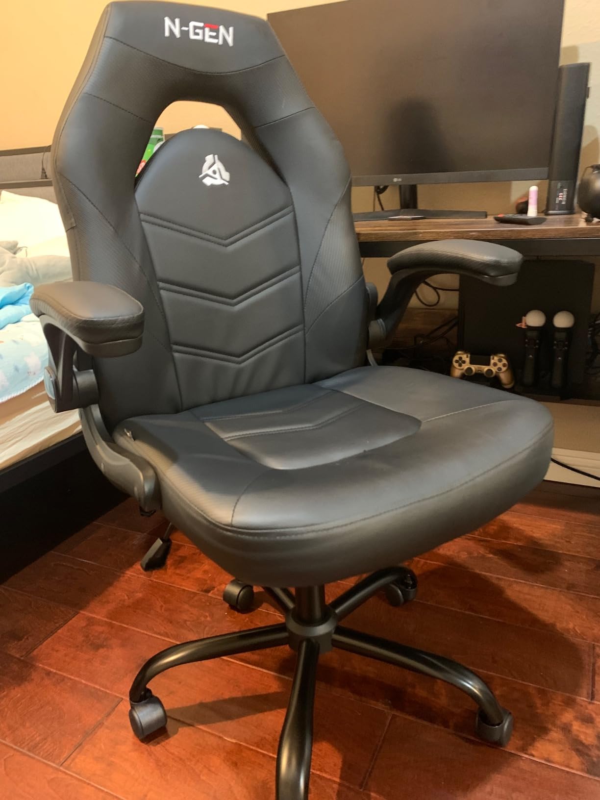 N-GEN GAMING Video Gaming Chair Ergonomic Office Desk Chair with Lumbar Support Adjustable Height Padded Flip Up Arms and Swivel Wheels Racing Style Design for Adults with PU Leather (Black) customer photo 2