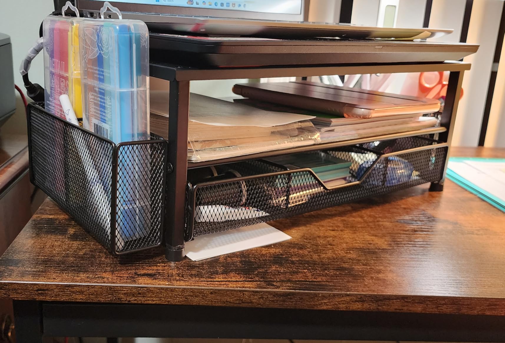 OPNICE Desk Organizer and Accessories, 2-Tier Computer Monitor Stand Riser with Drawer and 2 Pen Holders, Laptop Stand, Office Desk Accessories for Office Supplies customer photo 2