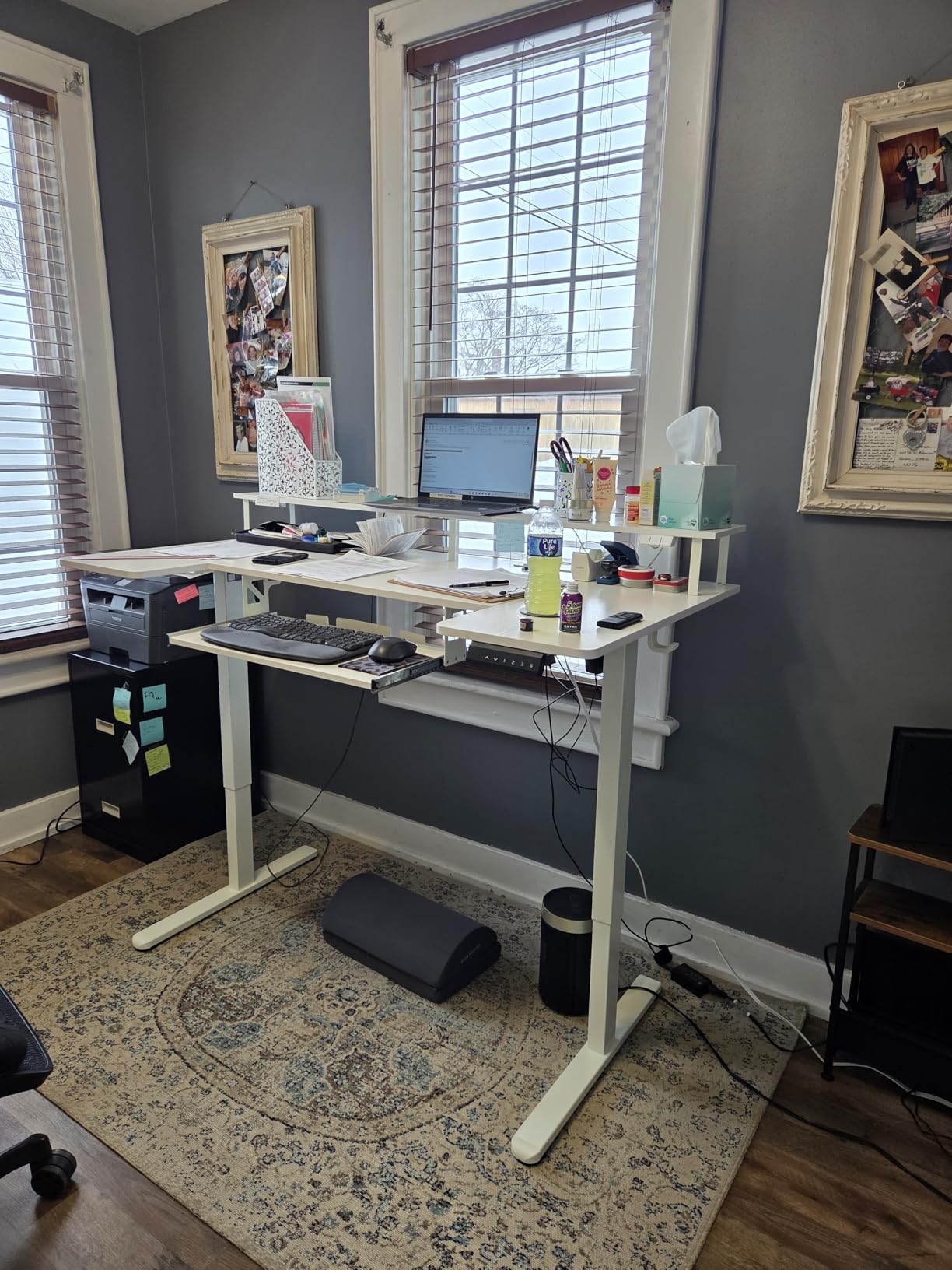 OffiGo U Shaped Electric Standing Desk with Keyboard Tray, 55 Inch Height Adjustable Desk with Power Outlets & LED Lights, Sit Stand Table with Monitor Stand for Home, Office, White customer photo 2