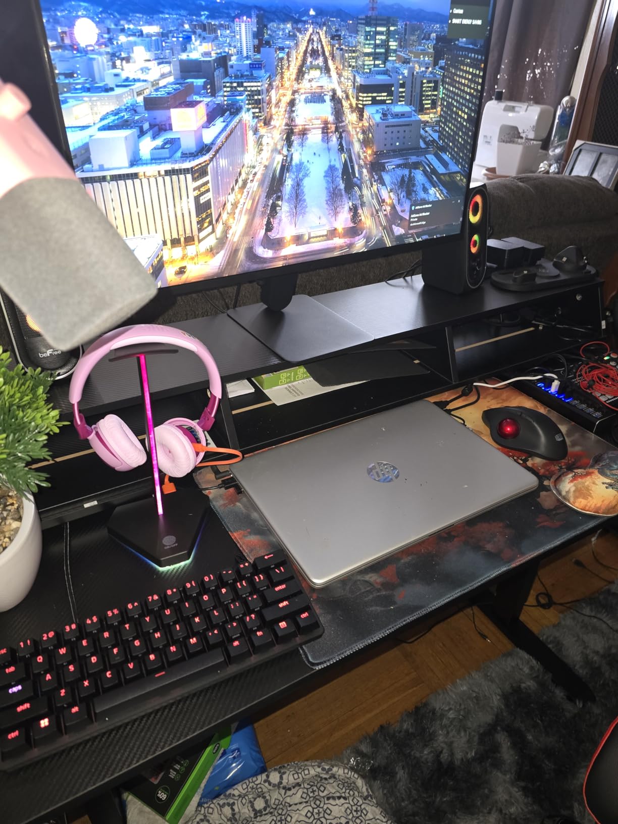 OffiGo Gaming Standing Desk with LED Light, 55 Inch Electric Height Adjustable Table with Power Outlet & Monitor Stand, Sit Stand Computer Workstation for Home, Bedroom, Black customer photo 2