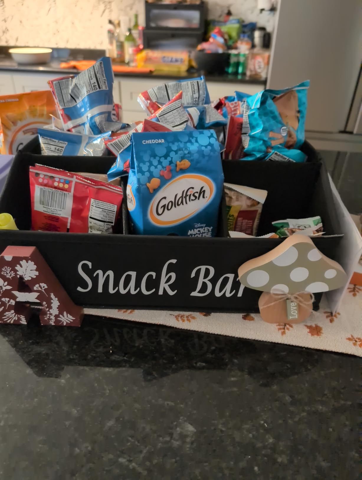 Snack Organizer for Countertop, Trapezoid Fabric Snack Bin Holder with Side Handles, 6 Compartment Snack Basket Container, Lightweight Snack Bar Station Organizer, Kitchen Pantry Storage-Black customer photo 1