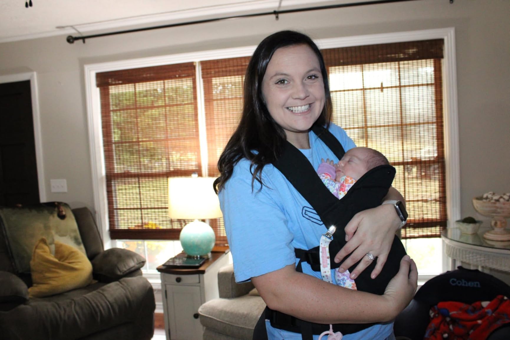 Momcozy WeeSnug Baby Carrier - Cozy Comfort for Newborns 7-25 lbs, Ergonomic Cross-Back Support, Effortless to Put On, Hands-Free Infant Carrier with Lumbar Support, Black customer photo 1