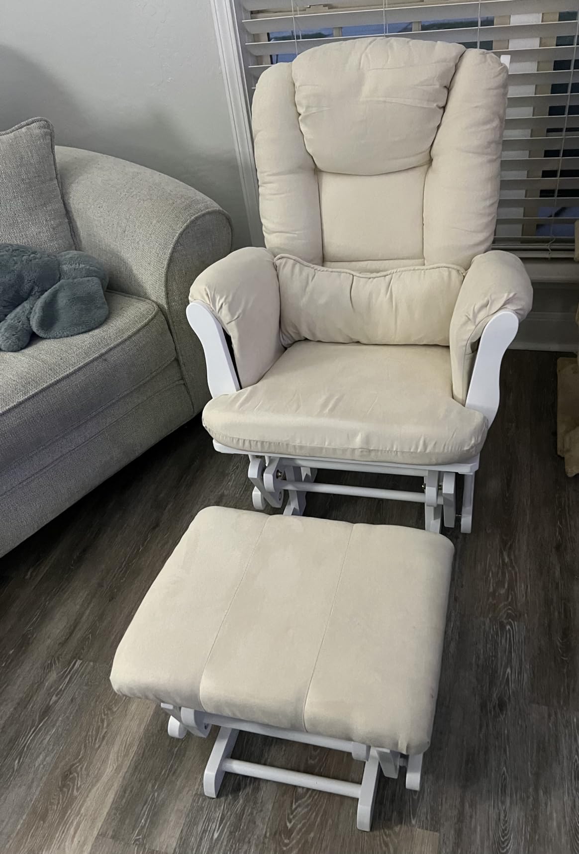 Storkcraft Tuscany Custom Glider and Ottoman with Free Lumbar Pillow (White/Beige) - Cleanable Upholstered Comfort Rocking Nursery Chair with Ottoman customer photo 2