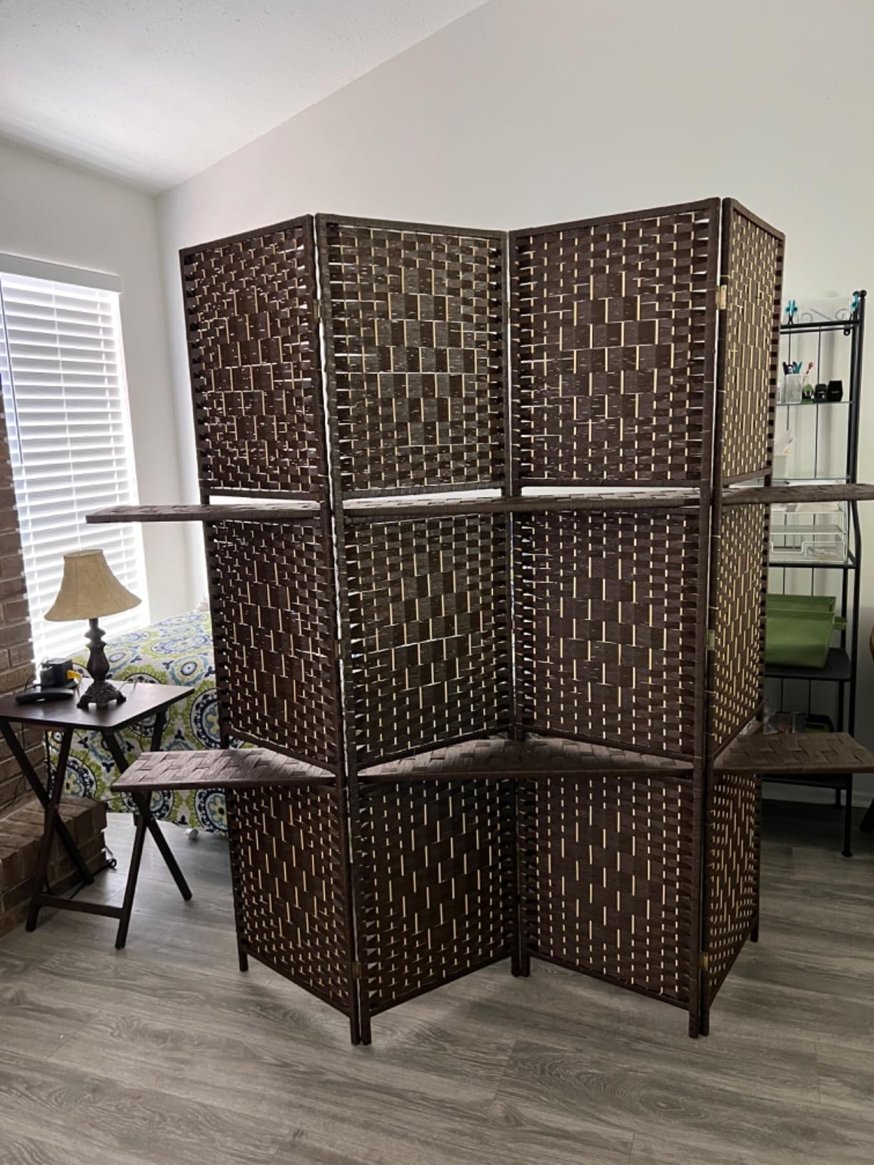 FDW Room Divider 4 Panel Room Screen Divider Wooden Screen Folding Portable Partition Screens Wood with Removable Storage Shelves Color, Brown customer photo 2