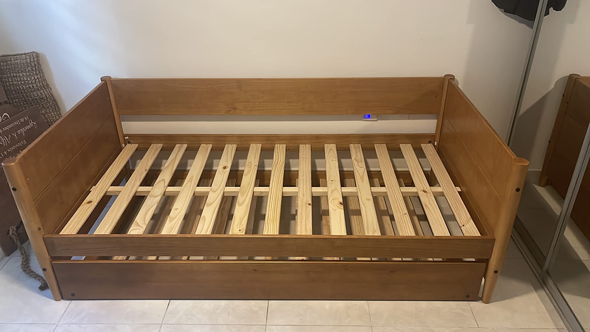 Camaflexi Mid-Century Modern Daybed & Trundle, Solid and Manufactured Wood, Panel Headboard, No Box Spring Needed, Foundation has 14 Wood Slats, Twin Trundle, Easy Assembly, Castanho Finish, Twin customer photo 1