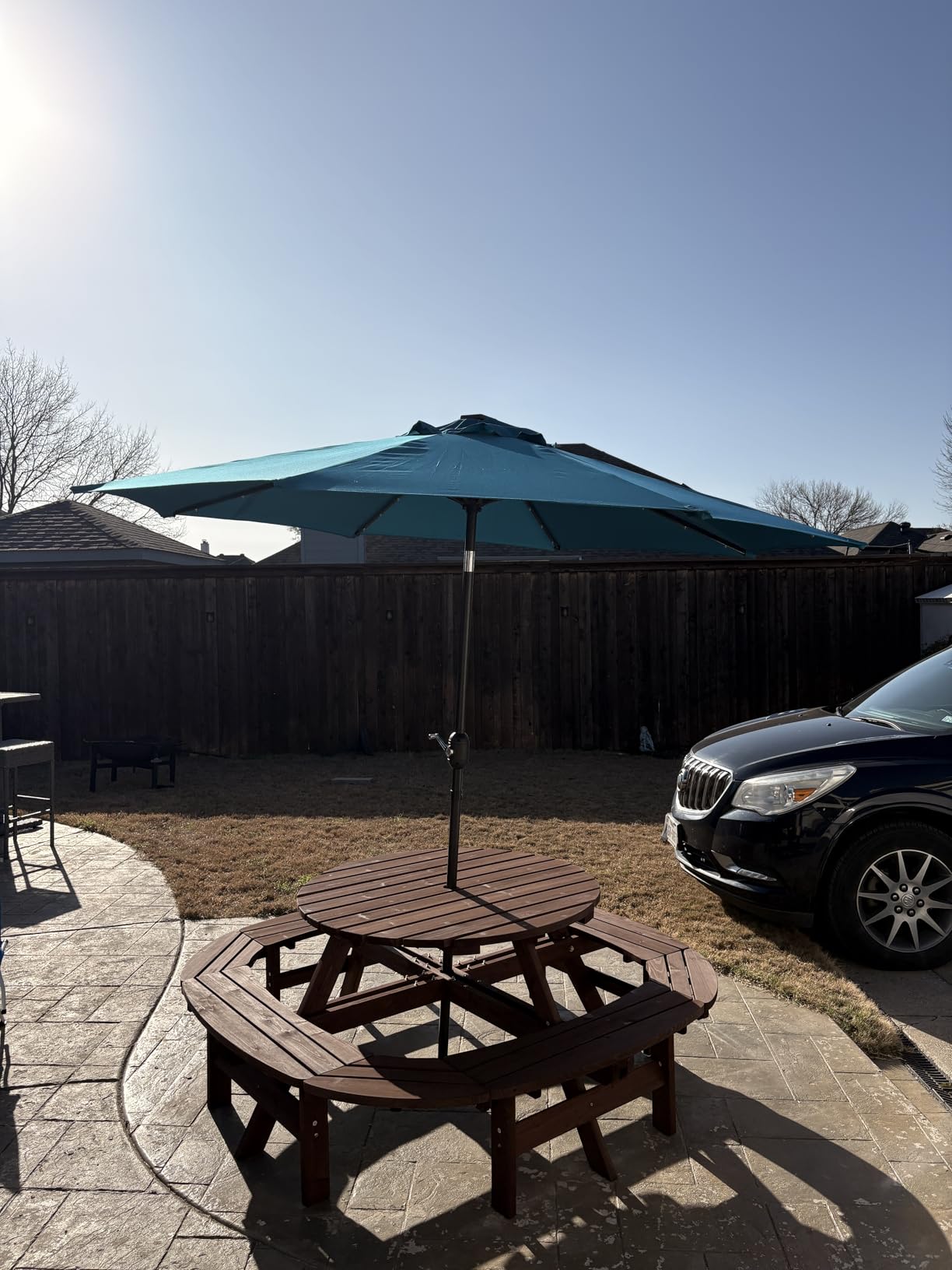 Blisssun 9 ft Solar Umbrella 32 LED Lighted Patio Umbrella Table Market Umbrella with Tilt and Crank Outdoor Umbrella for Garden, Deck, Backyard, Pool and Beach (Cerulean) customer photo 1