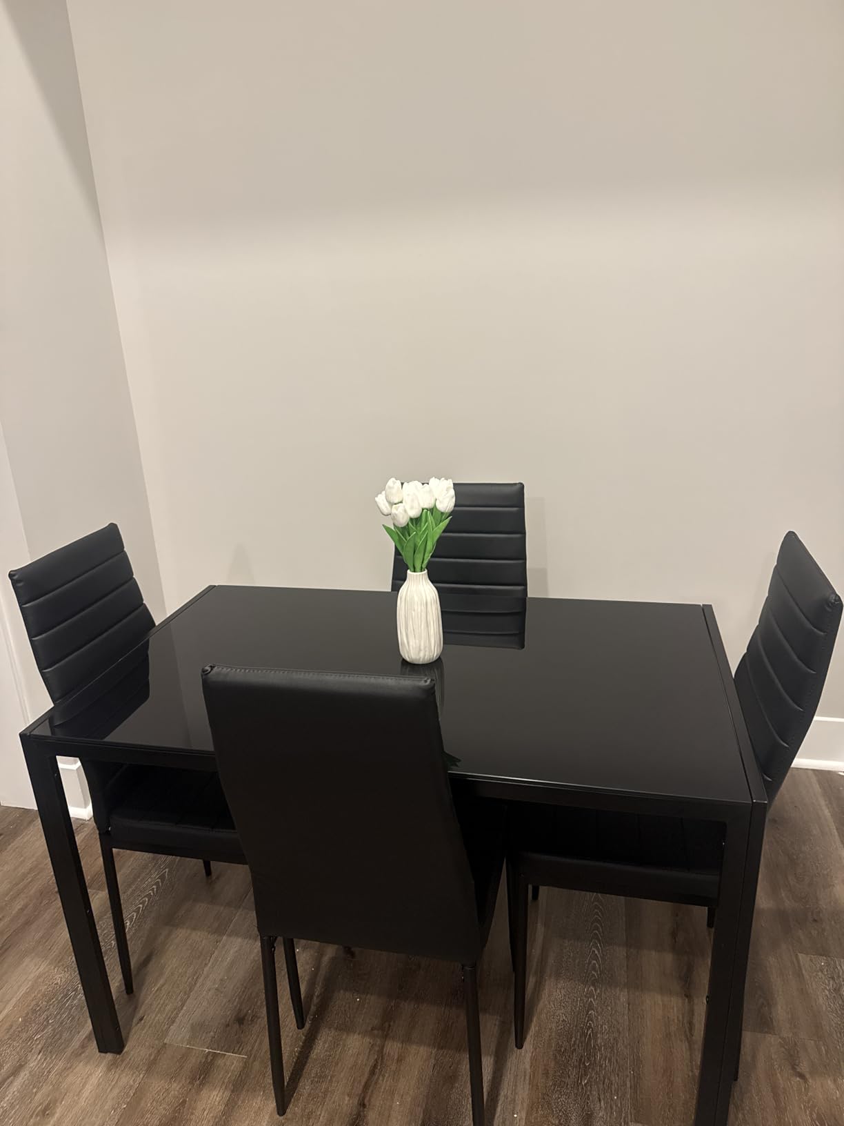 FDW 5-Piece Dining Table Set | Black | Glass Kitchen Table with 4 Upholstered Chairs and Faux Leather Cushions | Space-Saving and Modern Design | for Dining Room, Easy to Assemble customer photo 1