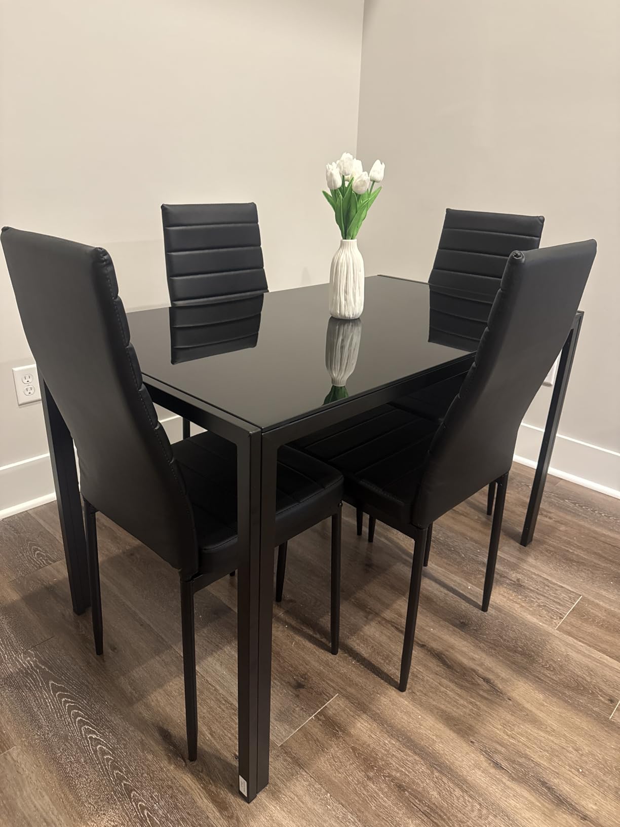 FDW 5-Piece Dining Table Set | Black | Glass Kitchen Table with 4 Upholstered Chairs and Faux Leather Cushions | Space-Saving and Modern Design | for Dining Room, Easy to Assemble customer photo 2