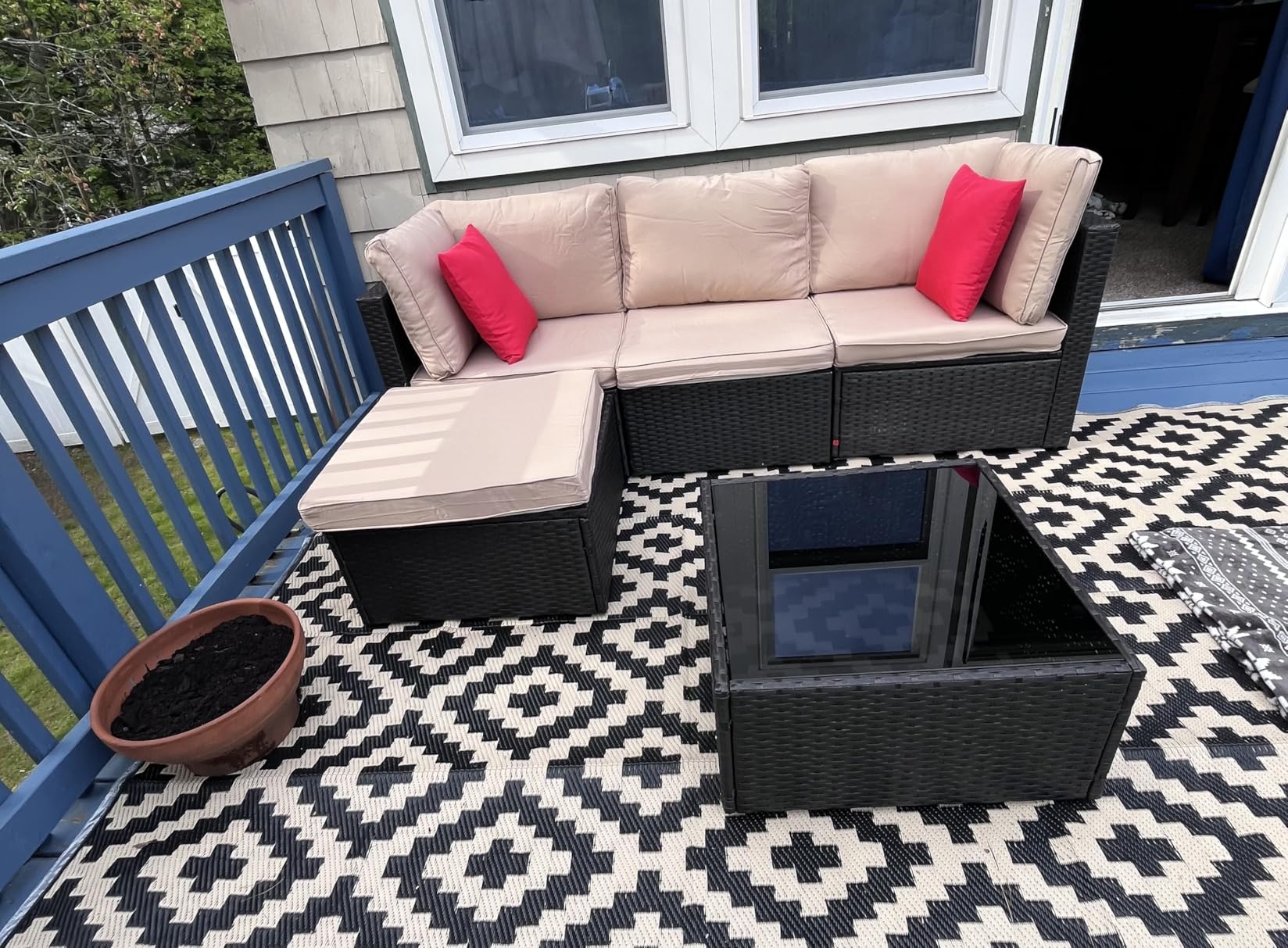 Vongrasig 5 Piece Patio Furniture Sets, Outdoor Patio Set Sectional Sofa, All-Weather PE Rattan Outdoor Couch with Ottoman, Glass Table for Garden, Backyard, Porch (Beige) customer photo 2