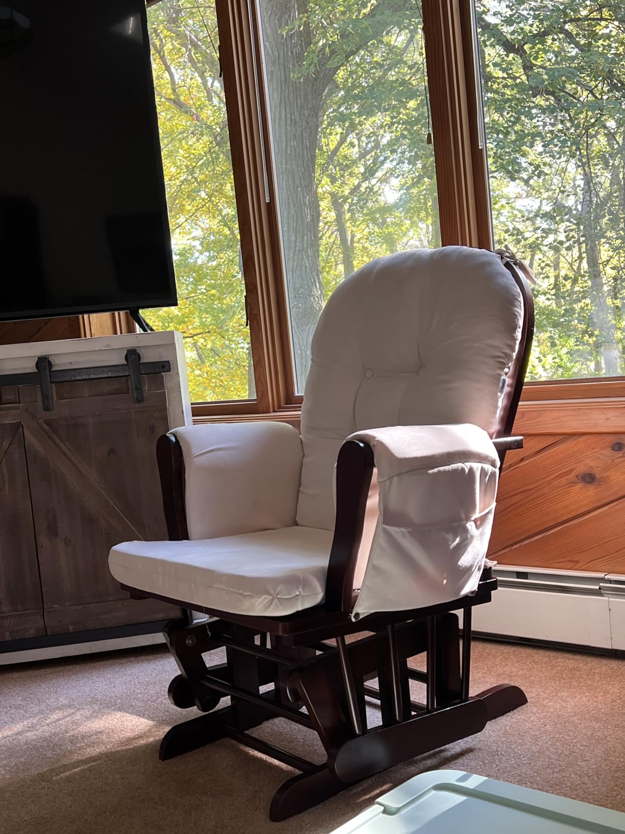 Costzon Nursery Glider with Ottoman, Upholstered Comfort Glider Rocker with Padded Cushion, Storage Pocket, Solid Wood Base, Rocking Chair Nursery for Breastfeeding, Napping (Brown) customer photo 1