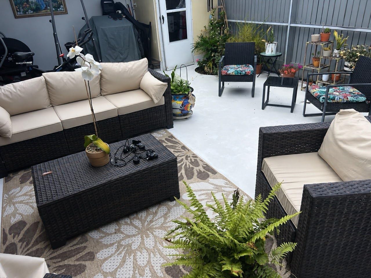 Greesum Patio Furniture 4 Pieces Conversation Sets Outdoor Wicker Rattan Chairs Garden Backyard Balcony Porch Poolside loveseat with Soft Cushion and Glass Table (Brown and Beige) customer photo 2