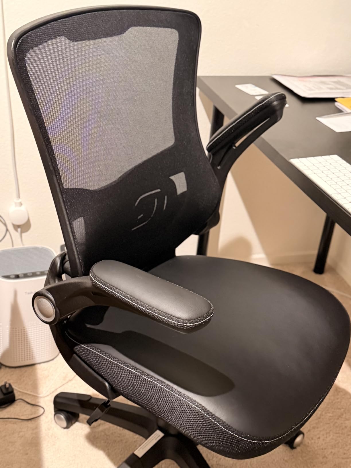 Office Chair Ergonomic Desk Chair, Computer PU Leather Home Office Chair, Swivel Mesh Back Adjustable Lumbar Support Flip-up Arms Executive Task Chair customer photo 2