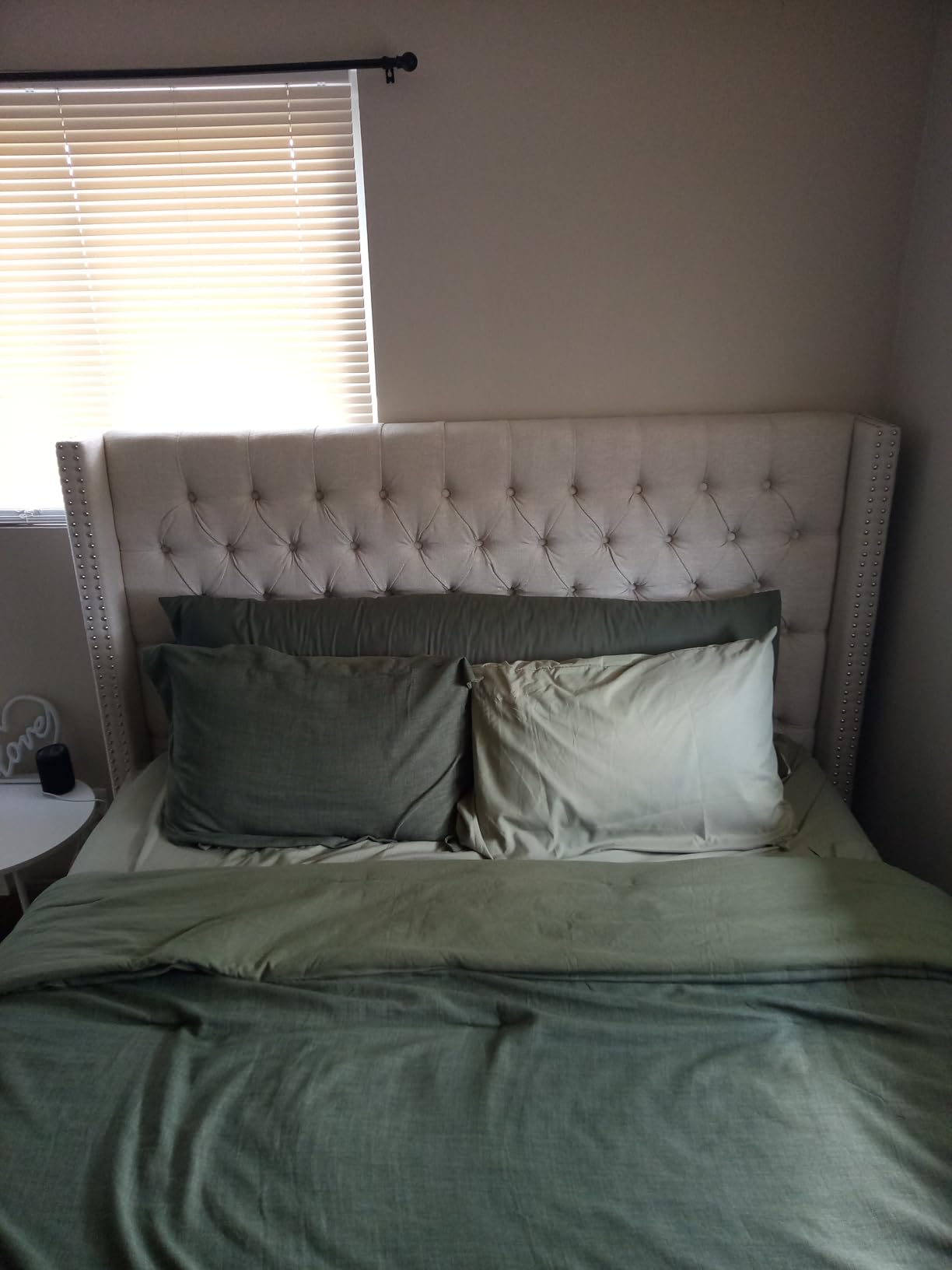 Madison Park Queen Button Tufted Headboard, Adjustable Upholstered Transitional Wingback Headboard, Nailhead Trim, Wooden Frame, Black Metal Legs, Flush Flat Back, Vintage Bedroom Decor Amelia - Navy customer photo 1