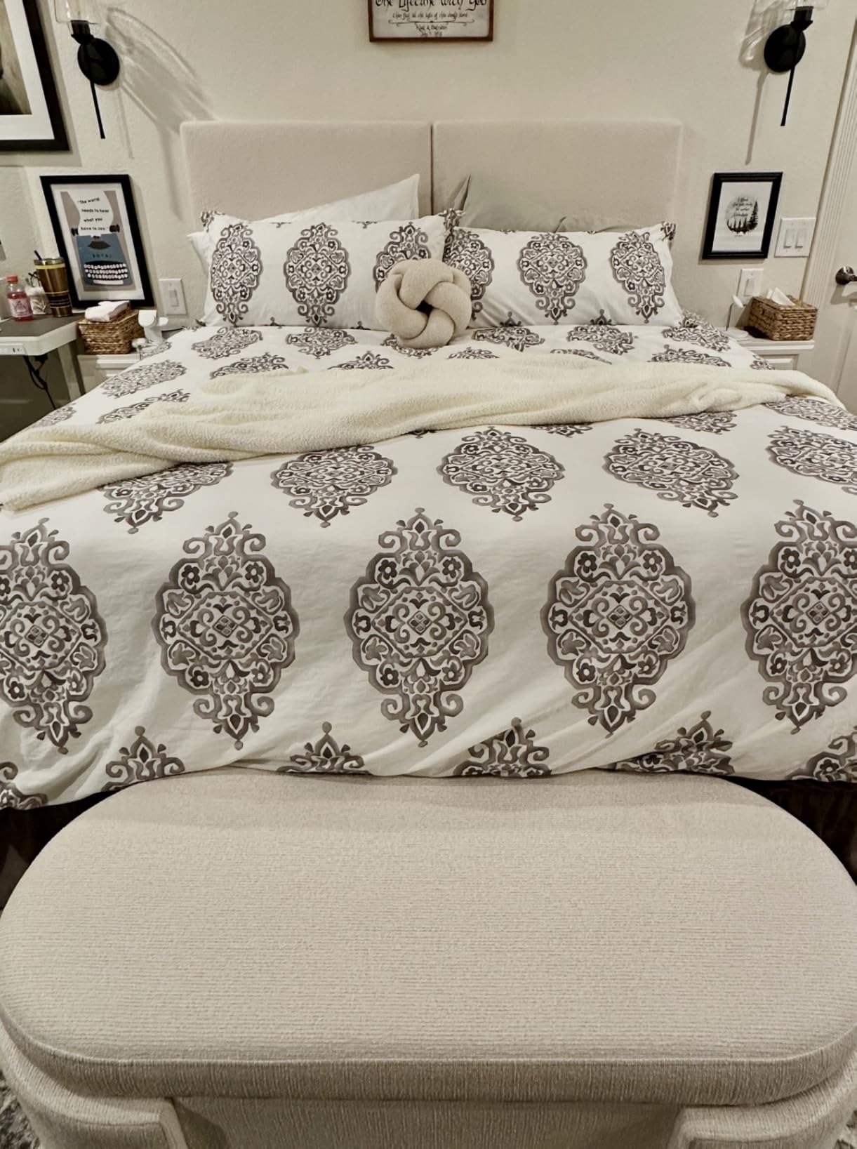 Nathan James Charlie Wall Mount Hanging Upholstered Headboard, Queen, White Boucle with Brown Faux Leather Straps customer photo 1
