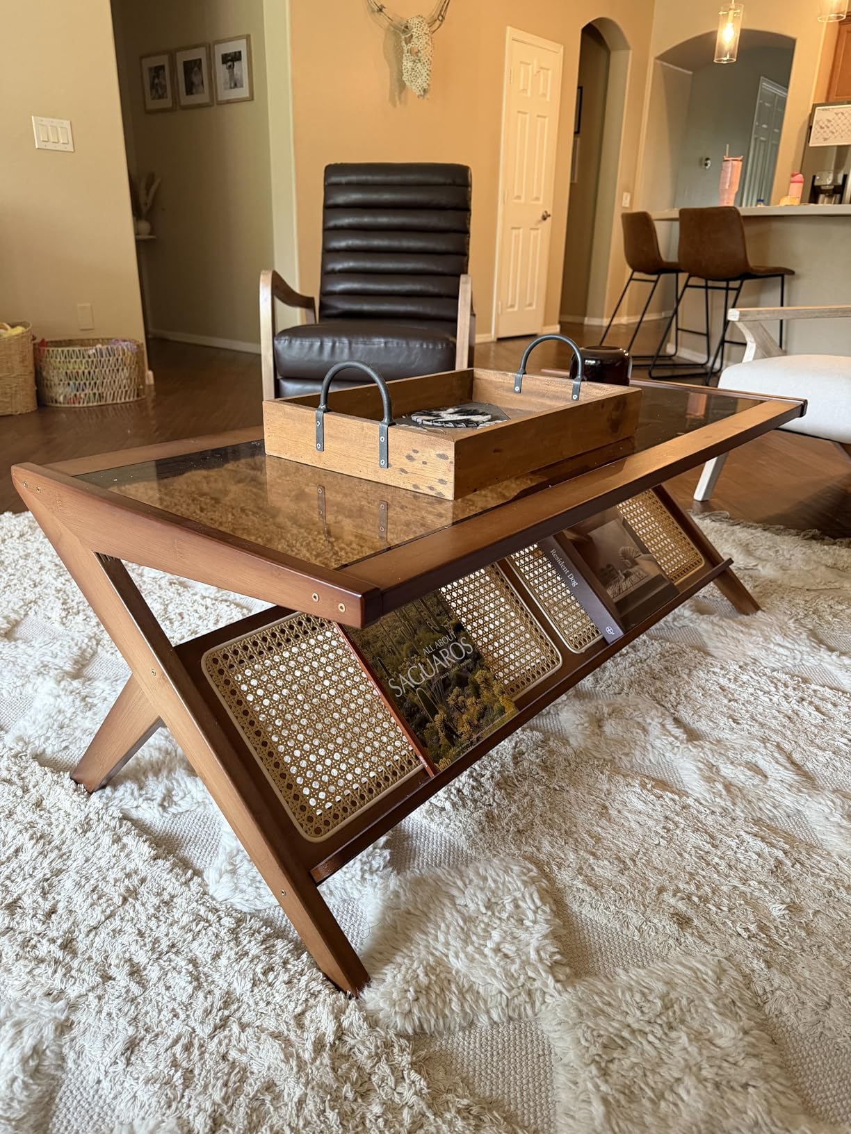 Bamworld Rattan Coffee Table with Glass Top Mid-Century Modern Center Table with Storage for Living Room Table Brown customer photo 1