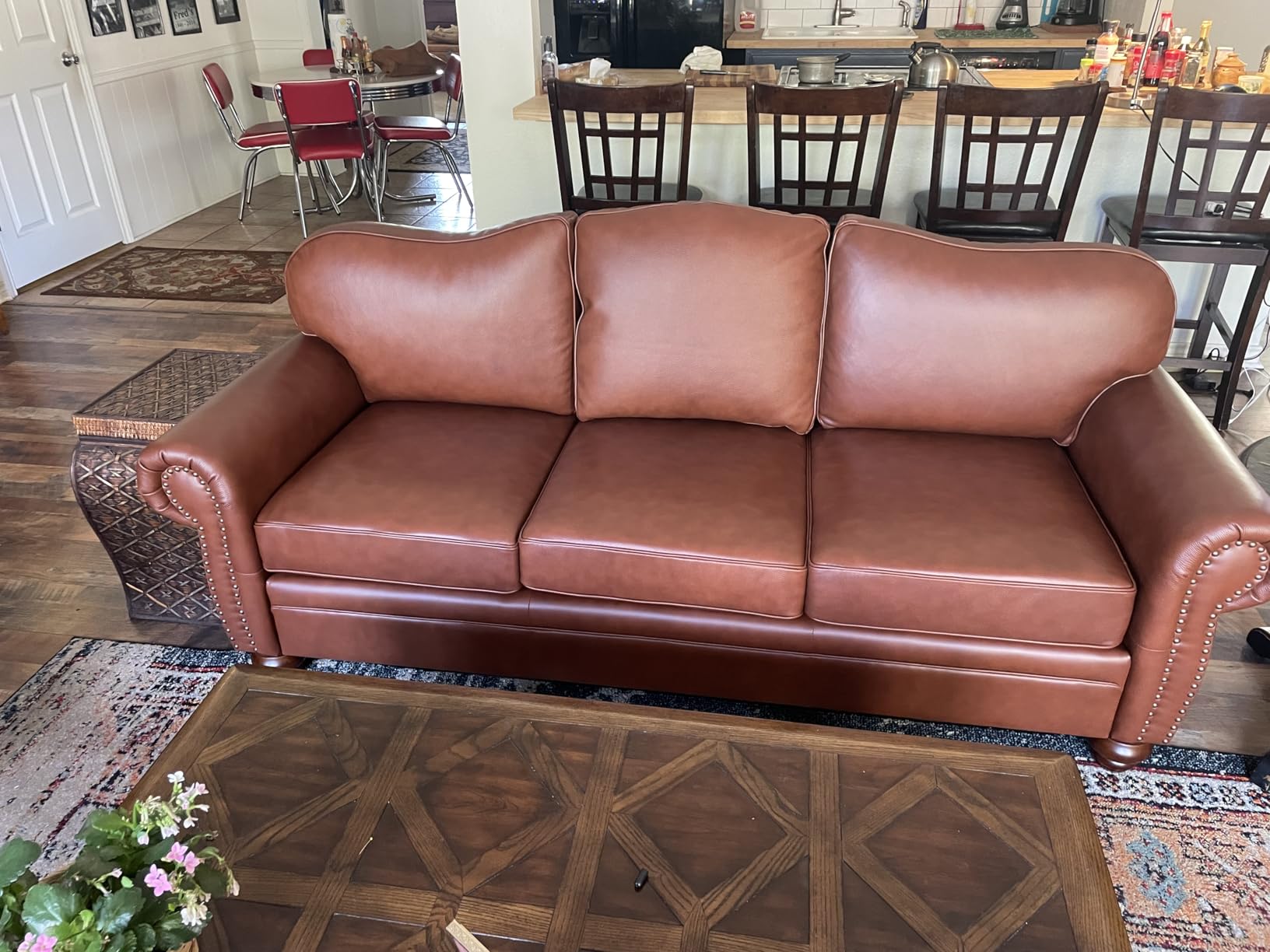 HULALA HOME 81'' Genuine Leather Sofa with Nailhead Trim and Rolled Armrests, Mid-Century Modern 3-Seater Couch, Brown customer photo 1