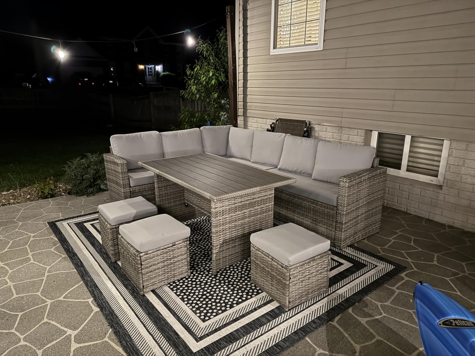 Wumiokio Patio Furniture Set, 7 Pieces Outdoor Patio Furniture with Dining Table&Chair, All Weather Wicker Conversation Set with Ottoman, Brown Rattan & Ivory Cushions (Include Sofa Dust Cover) customer photo 1