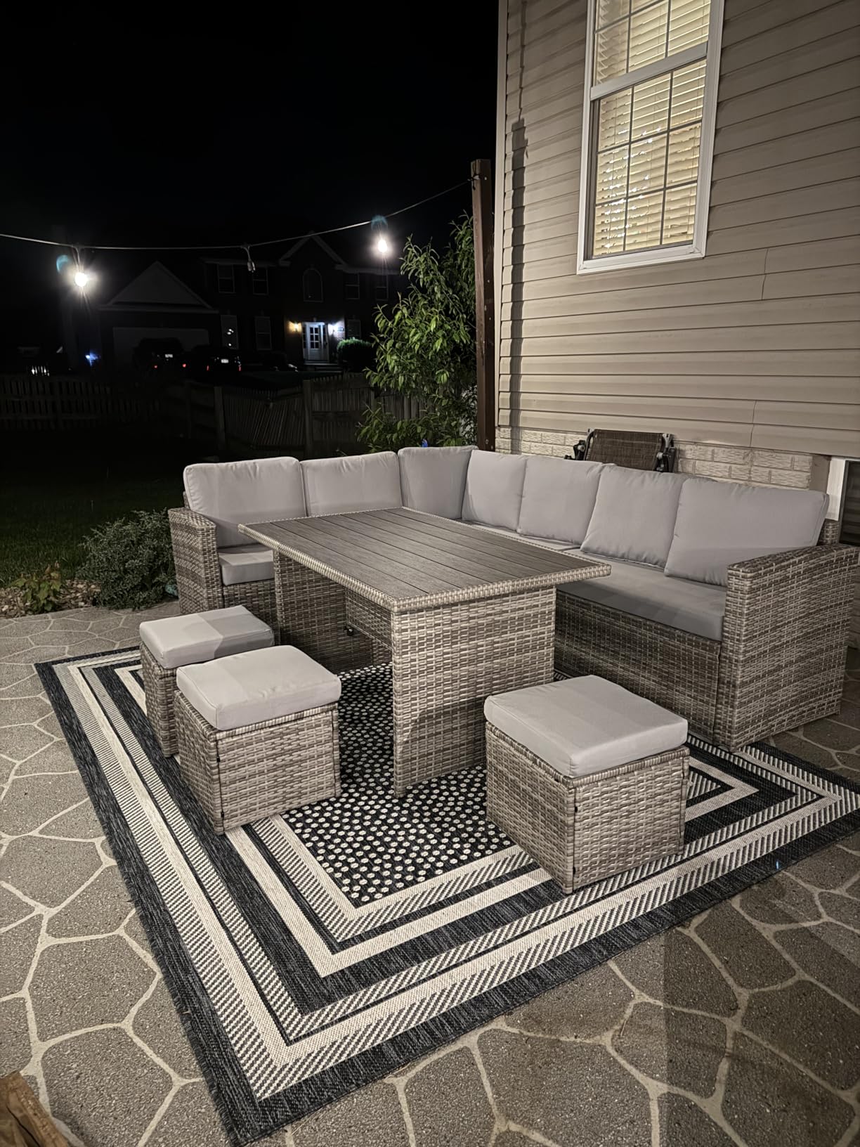 Wumiokio Patio Furniture Set, 7 Pieces Outdoor Patio Furniture with Dining Table&Chair, All Weather Wicker Conversation Set with Ottoman, Brown Rattan & Ivory Cushions (Include Sofa Dust Cover) customer photo 2