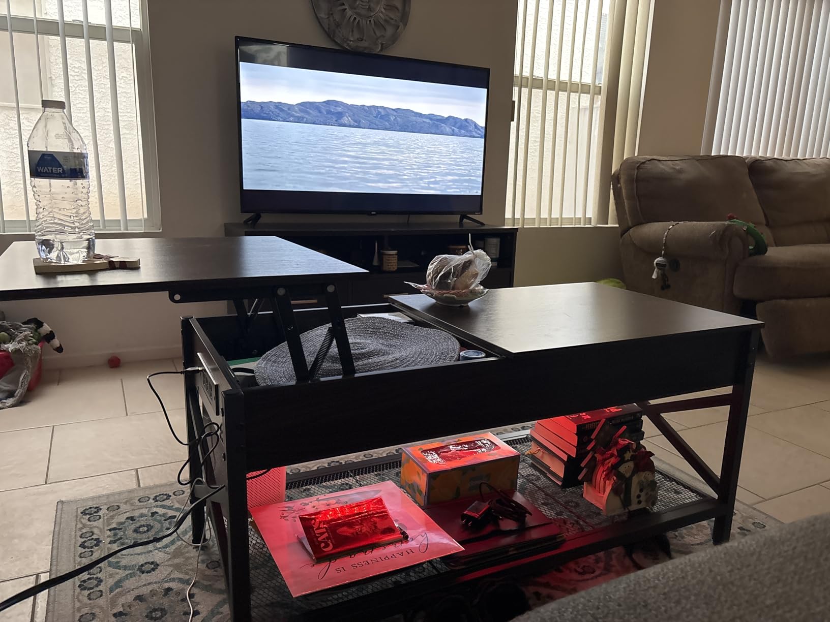 Aheaplus Black Lift-Top Coffee Table with LED Light, Power Outlets and Storage Shelf, 41.7