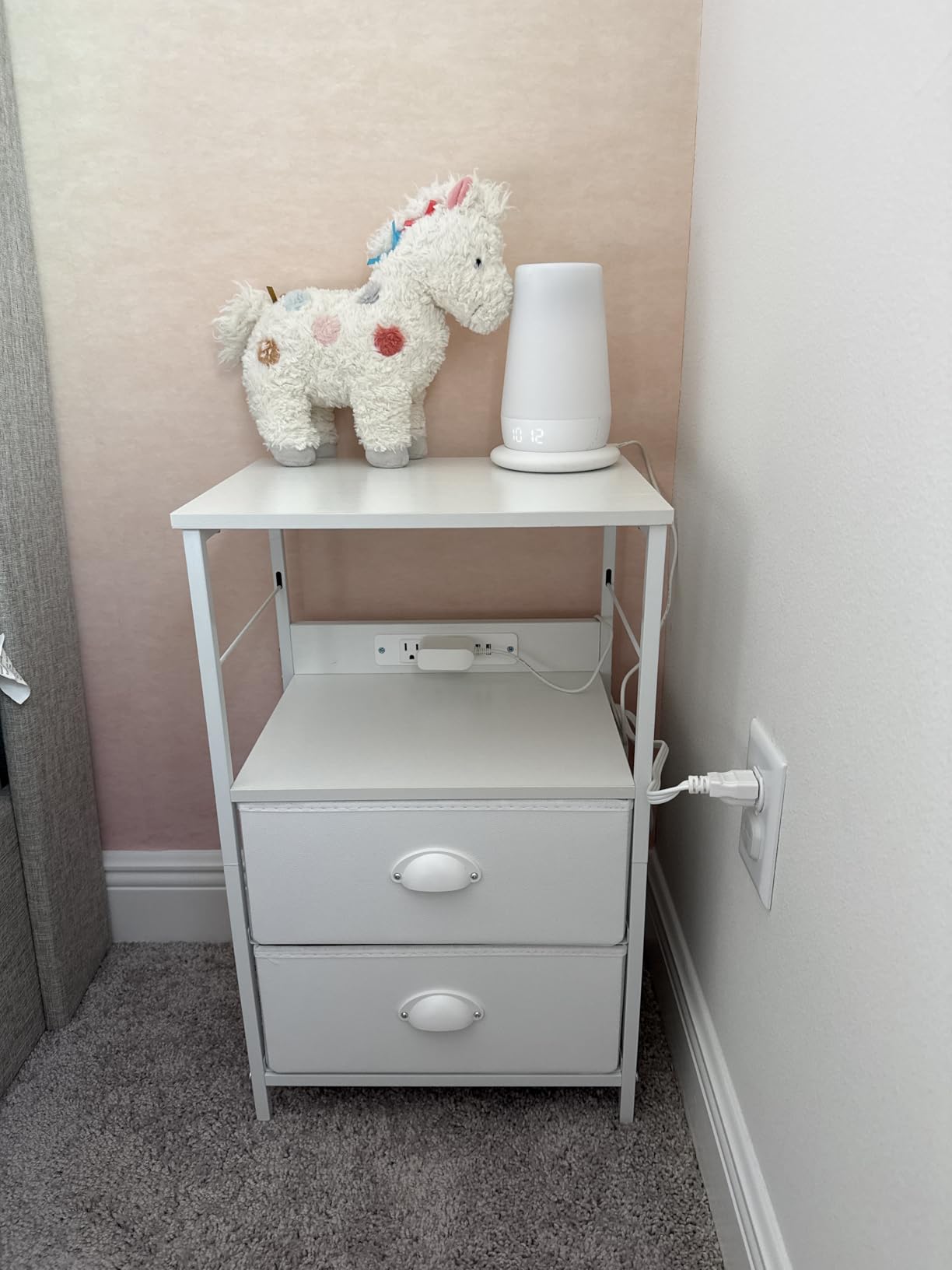 Furologee End Table with Charging Station, Nightstand with Fabric Drawers, Side Tables with USB Ports & Outlets, Night Stand with Storage Shelf & Hooks, for Living Room/Bedroom, White customer photo 2