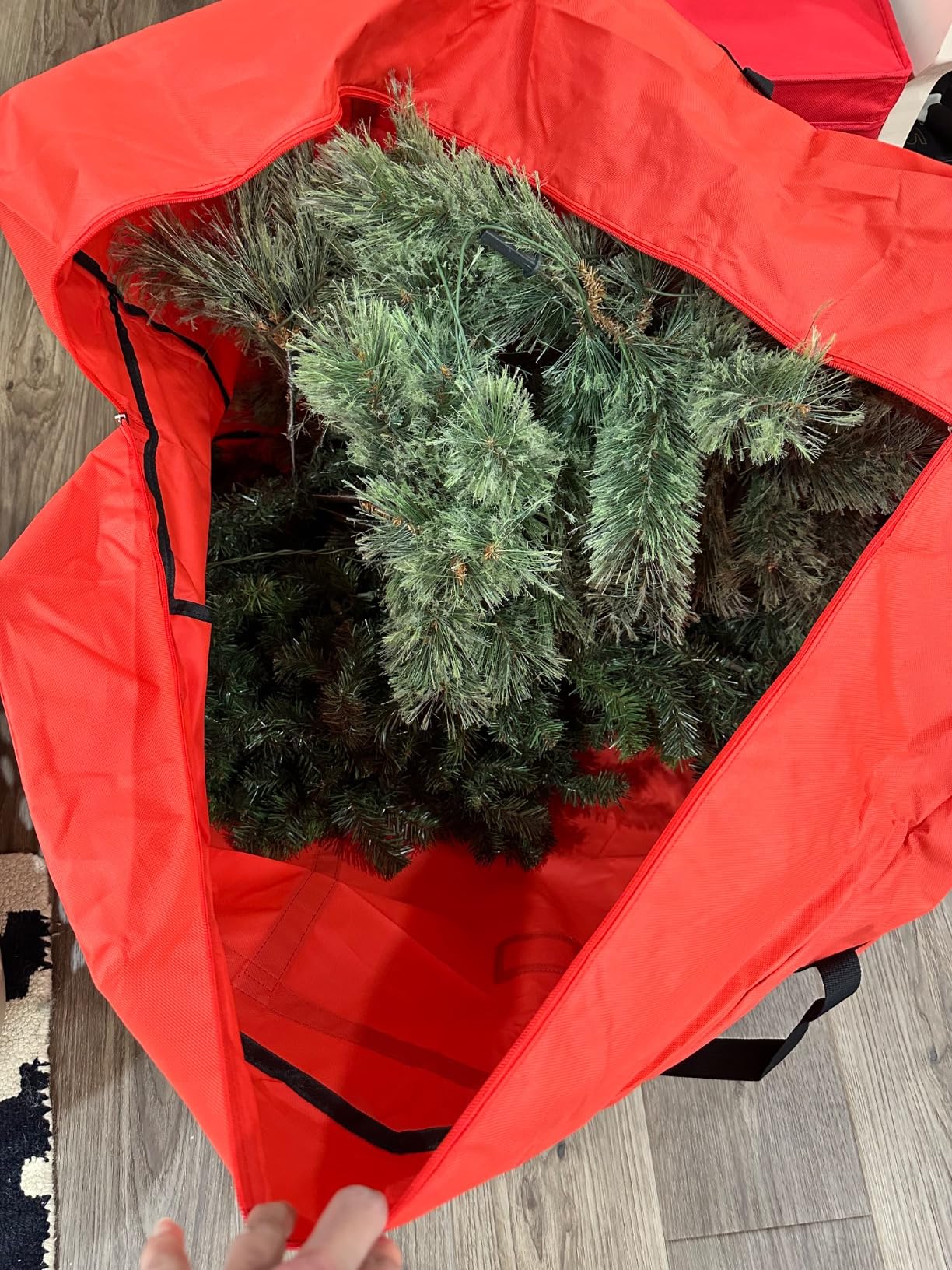 HikooLSS Christmas Tree Storage Bag 12 Ft Tall Tree Container/Holder Heavy Duty Oxford Dual Mesh Pockets, Moistureproof, Extra Large Christmas Tree Box for Big Xmas Tree Wide Opening Red(65X23X27in) customer photo 2