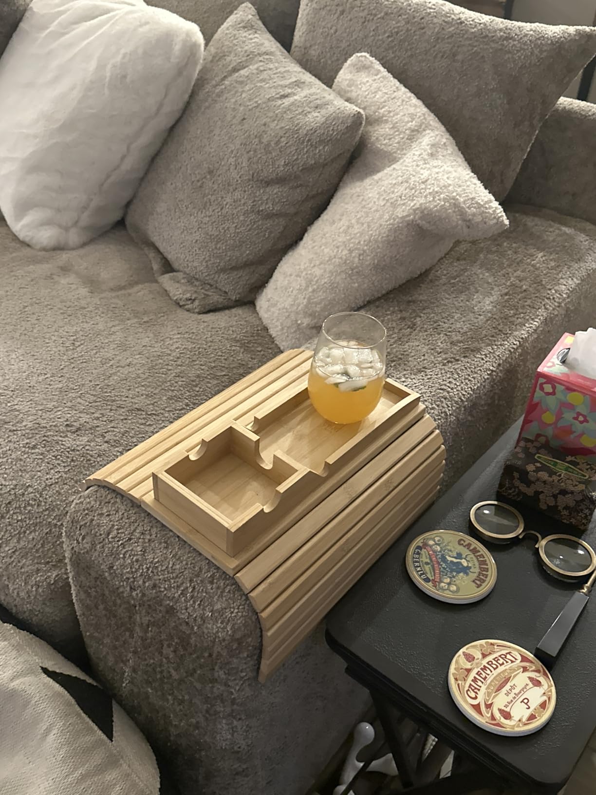 Bestjing Bamboo Sofa Armrest Tray - Couch Arm Tray with Detachable Couch Cup Holder - 2 in 1 Anti-Slip Foldable Sofa Armchair Caddy Table for Drinks Cellphone TV Remote Snacks customer photo 1