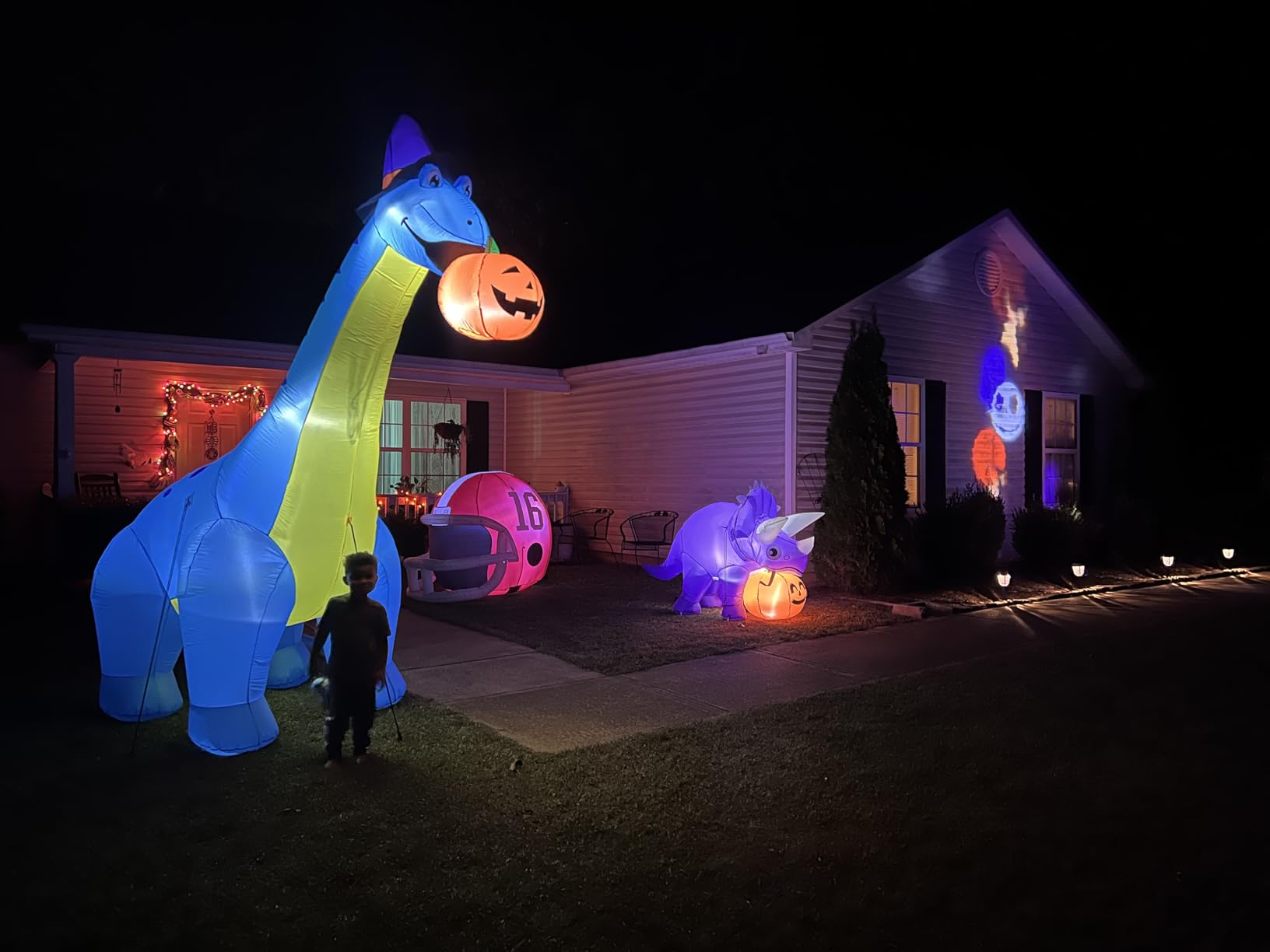 COMIN Halloween Inflatables Outdoor Decorations 10 FT Tall Dinosaurs Eating Pumpkin Blow Up Yard Decoration with Built-in LED for Yard Garden Party Lawn customer photo 1