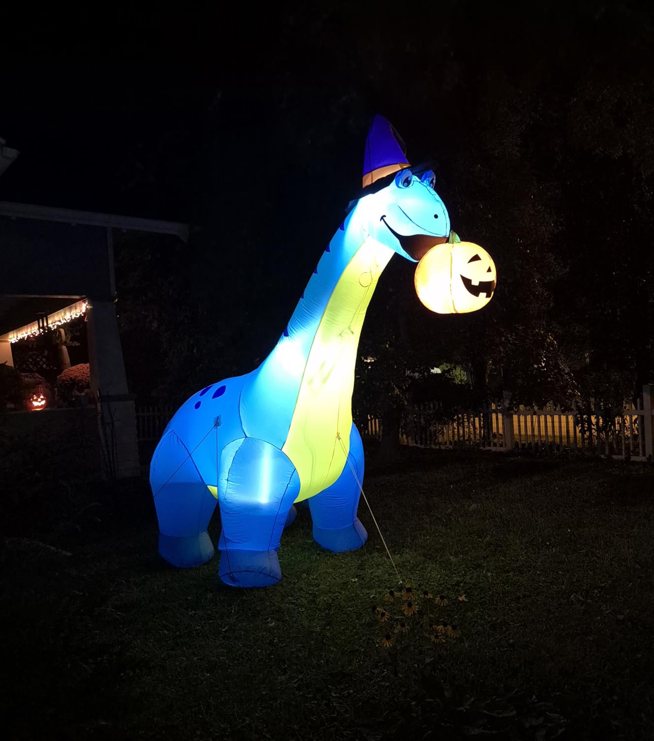 COMIN Halloween Inflatables Outdoor Decorations 10 FT Tall Dinosaurs Eating Pumpkin Blow Up Yard Decoration with Built-in LED for Yard Garden Party Lawn customer photo 2
