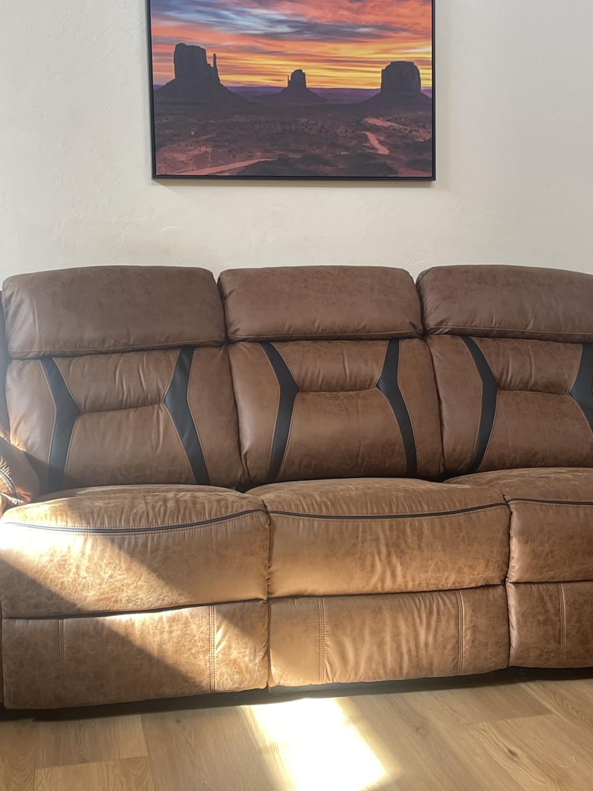 EBELLO Faux Leather Manual Reclining Sofa, 3 Seat Recliner Sofa Chair, Couch Furniture for Living Room, Meeting Room, Brown (3 Seat Sofa) customer photo 1