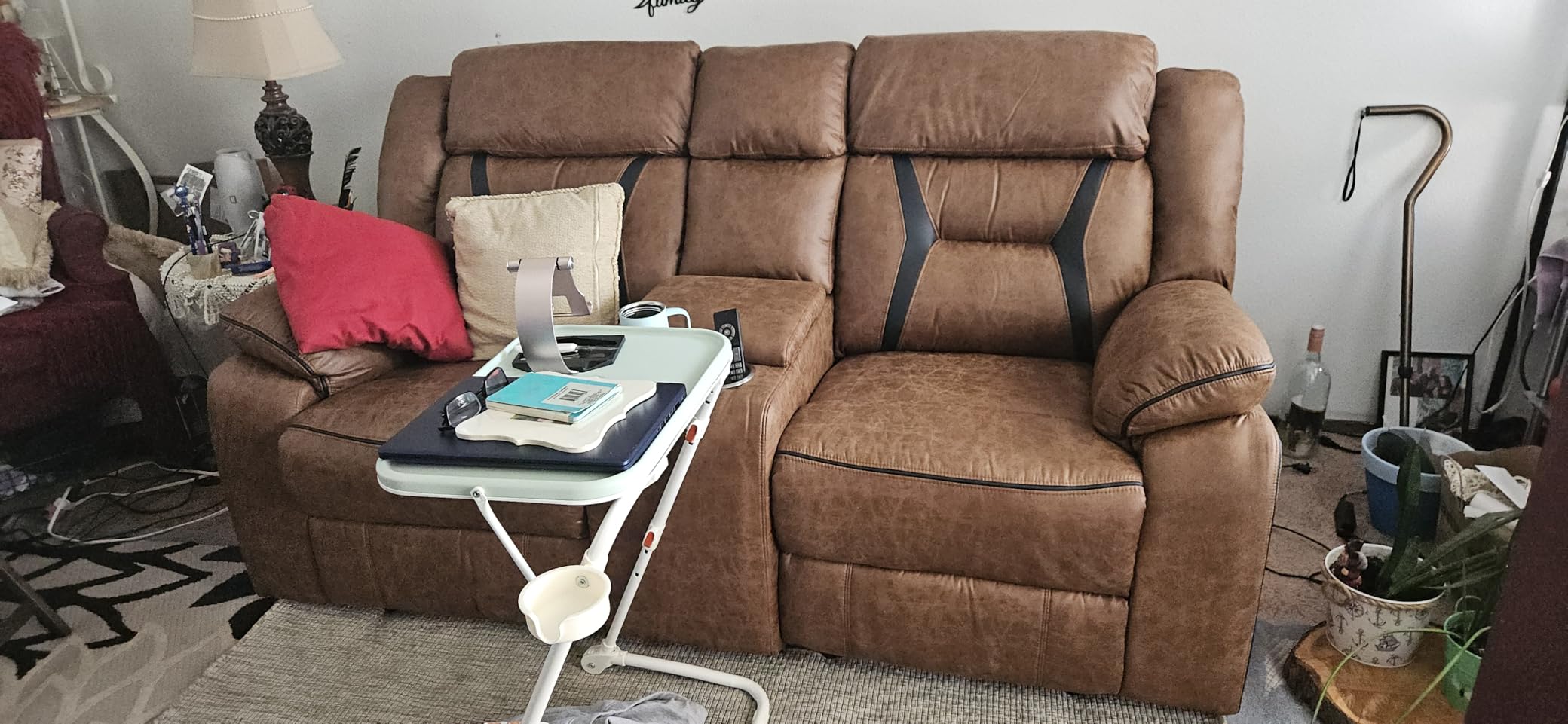 EBELLO Faux Leather Manual Reclining Sofa, 3 Seat Recliner Sofa Chair, Couch Furniture for Living Room, Meeting Room, Brown (3 Seat Sofa) customer photo 2