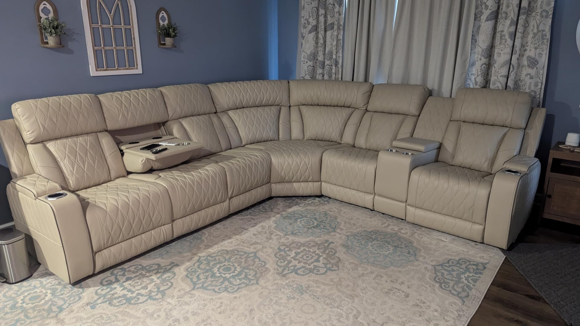 Breathing Leather Reclining Sofa Set, Power Recliner Sectional Couch with LED Light, Modern Living Room Furniture Set, Reclining Sectional Couch Set with USB Port/Storage for Home/Home Theater (Khaki) customer photo 2