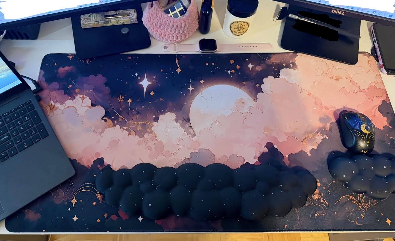 Retro 80s Desk Mat, Cute 90s XXL Large Gaming Mouse Pad, Black Boho Desk Pad with Stitched Edges customer photo 1